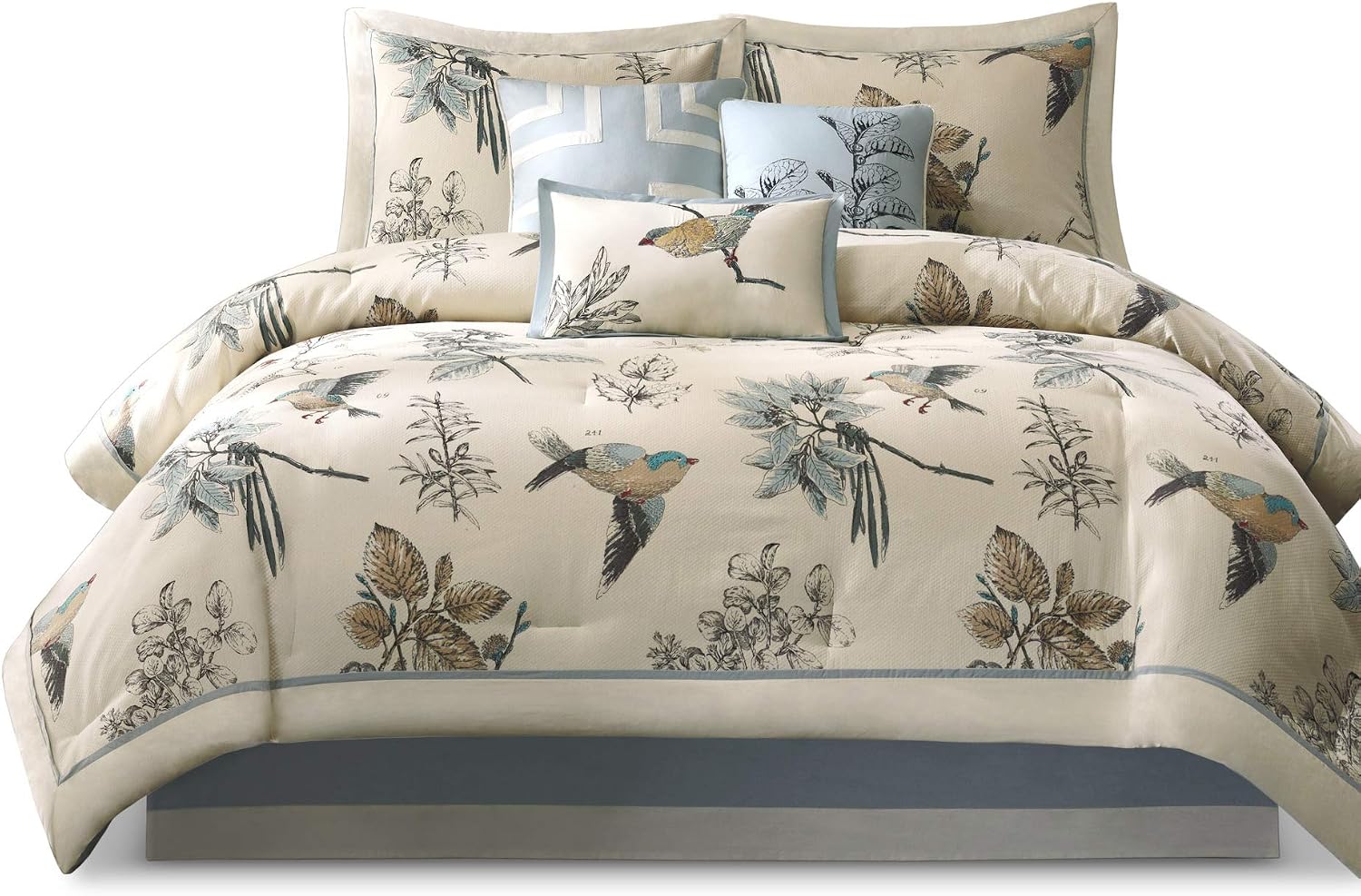 Madison Park Quincy Cozy Comforter Nature Scenery Design - All Season Bedding, Matching Bed Skirt, Decorative Pillows, Quincy, Leaf & Bird Khaki King(104'x92') 7 Piece