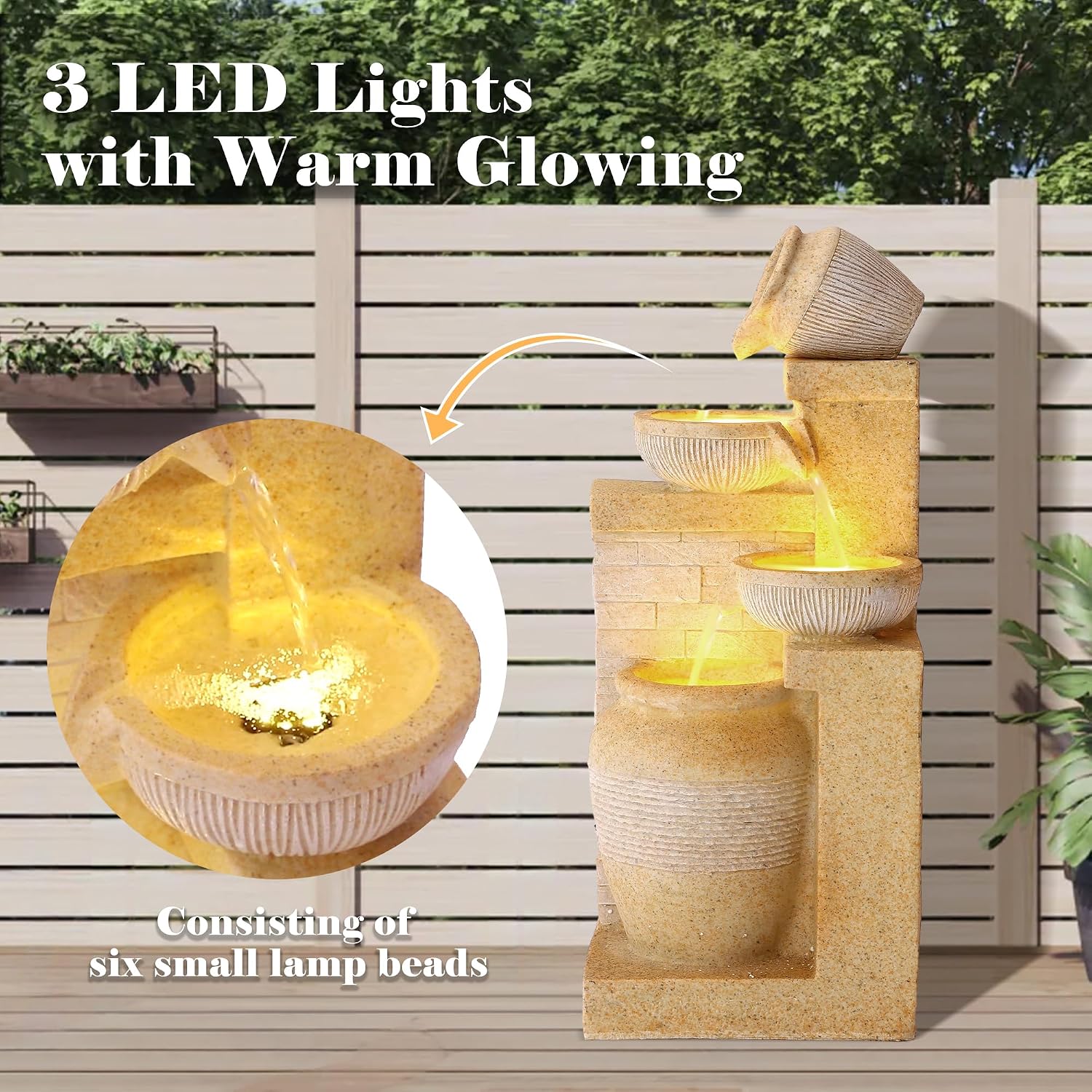 32' Outdoor/Indoor Garden Water Fountains, 4 Tiers Cascading Resin Fountains and Waterfalls with LEDs & Bowls, Modern Floor-Standing Patio Fountain for Porch, Deck, Yard (Bright Yellow)