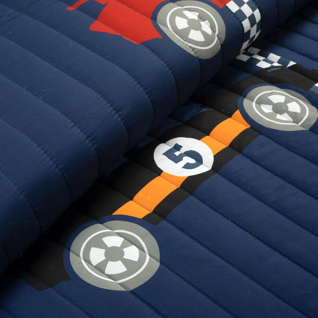 Lush Decor Racing Cars Reversible Quilt Queen Size 5 Piece Set Full/Queen Navy - Kids Bedding Set Queen Quilt - Car Decor