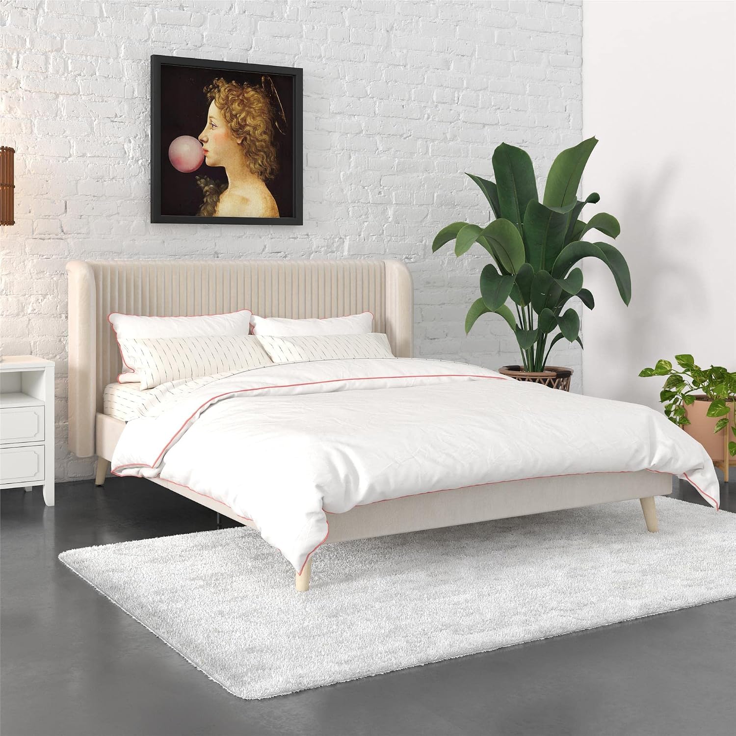Novogratz Holly Upholstered Wingback Bed Frame, Queen, Ivory Velvet