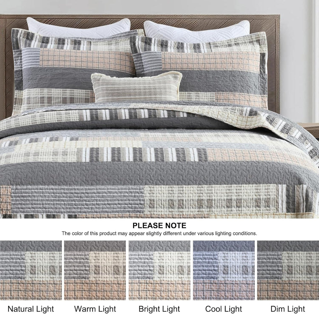 PANGUSHAN Quilt Set King Size, 100% Cotton Quilt Bedding Set Bedspreads, Patchwork Plaid Farmhouse Reversible Lightweight Comforter Bed Spread for King Bed, Gray/Brown, 3 Pieces