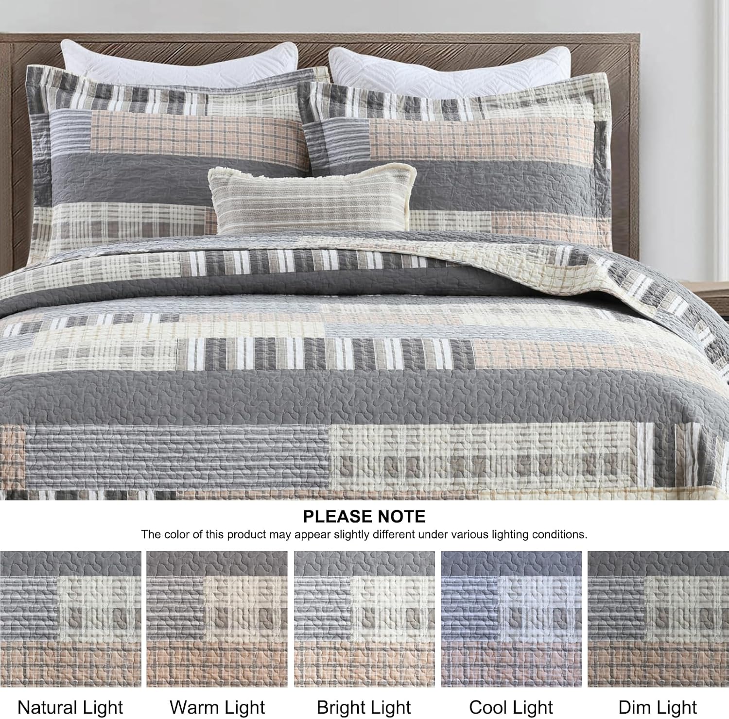 PANGUSHAN Quilt Set King Size, 100% Cotton Quilt Bedding Set Bedspreads, Patchwork Plaid Farmhouse Reversible Lightweight Comforter Bed Spread for King Bed, Gray/Brown, 3 Pieces