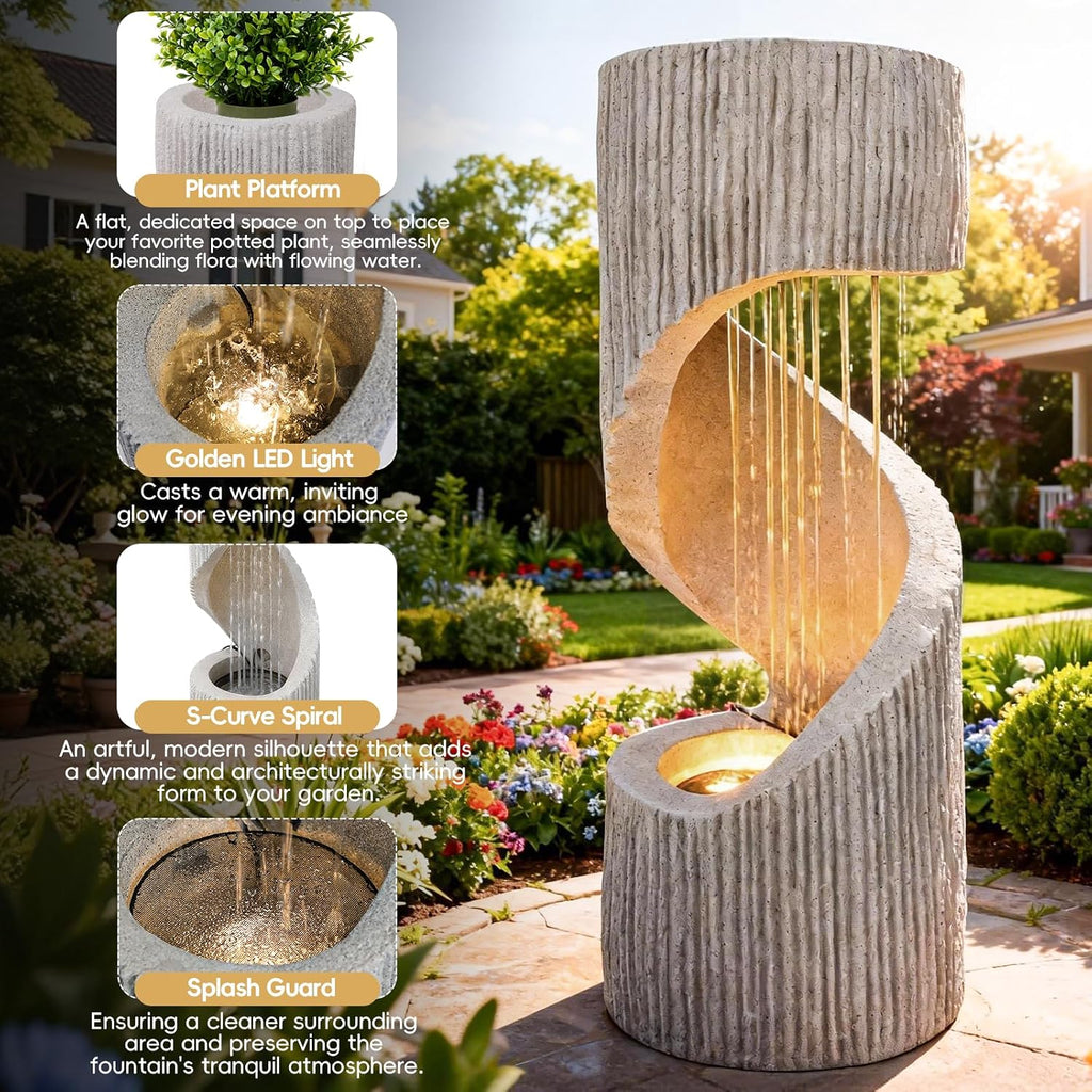 40' Outdoor Water Fountain with LED Light, S-Shaped Modern Curved Outdoor Fountain, Spiral Column Fountain, Decorative Waterfall Feature with Flat Top Plant Display for Garden, Patio Decor