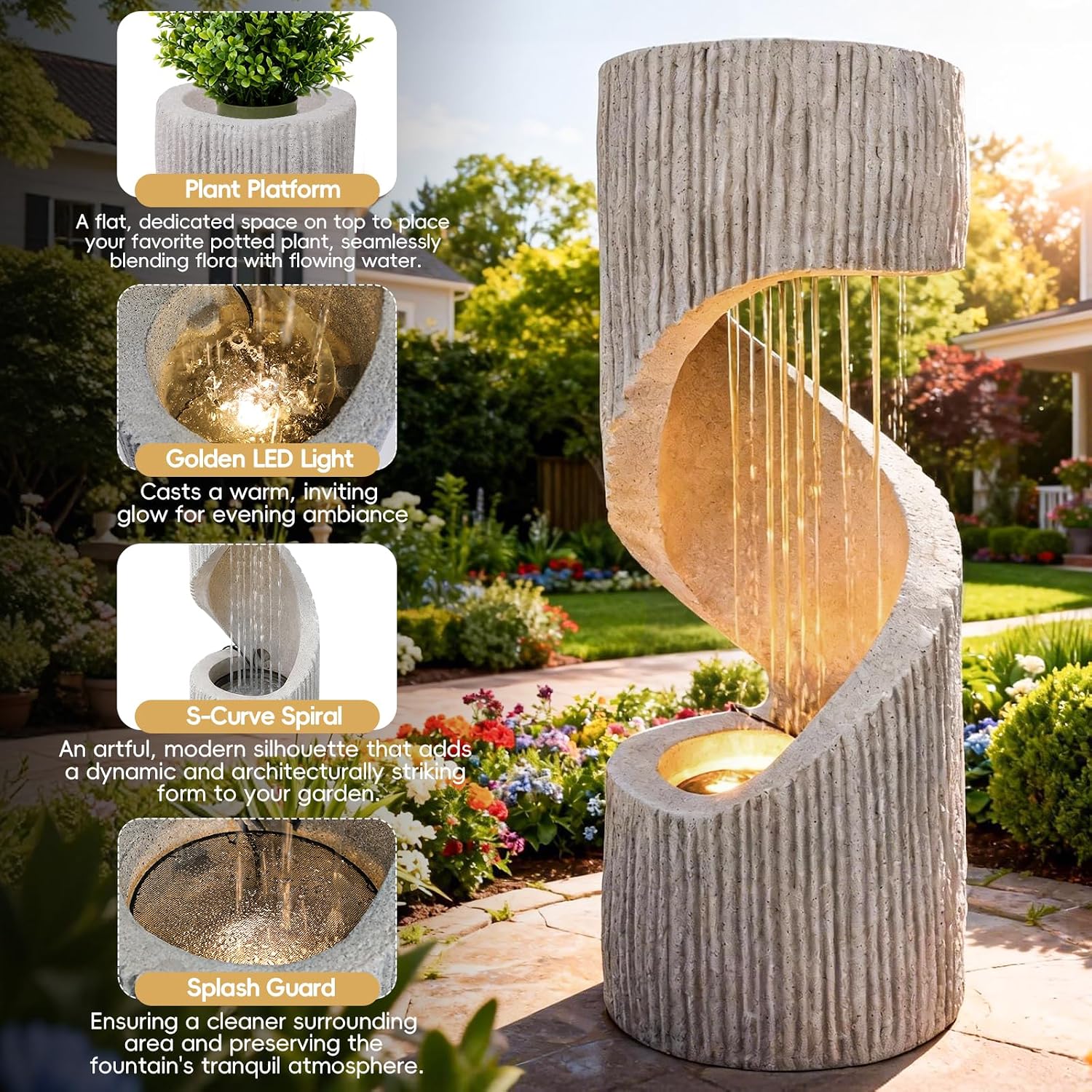 40' Outdoor Water Fountain with LED Light, S-Shaped Modern Curved Outdoor Fountain, Spiral Column Fountain, Decorative Waterfall Feature with Flat Top Plant Display for Garden, Patio Decor
