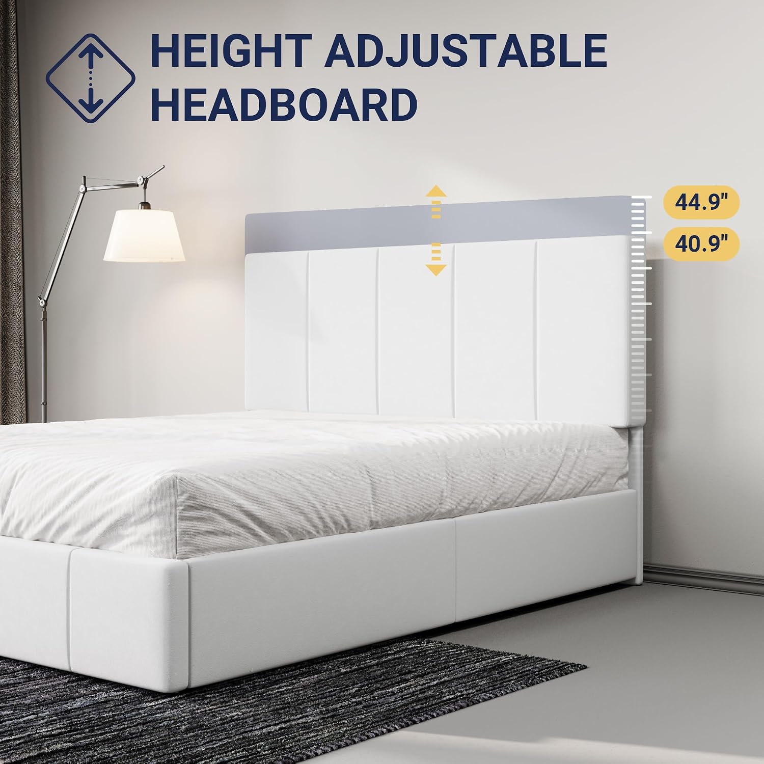 Allewie Full Size Dutch Velvet Upholstered Platform Bed Frame/Vertical Channel Tufted Adjustable Headboard/Low Profile Bed Frame/No Box Spring Needed/Easy Assembly/White