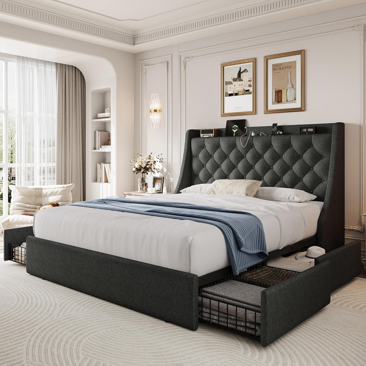 Queen Size Bed Frame with 4 Storage Drawers, Linen Upholstered Platform Bedframe w/Headboard, Button Tufted Wingback, Charging Station, Sturdy Wooden Slats, No Box Spring Needed, Dark Grey