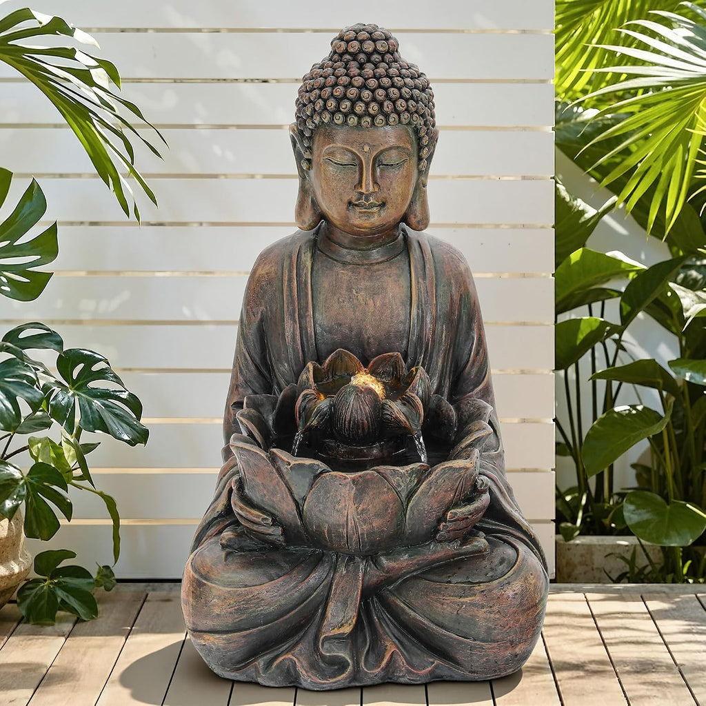 29' Outdoor Fountain, Zen Meditating Buddha Water Feature with LED Lights, Resin Lotus Soothing Cascading Waterfall for Patio, Backyard, Garden or Porch