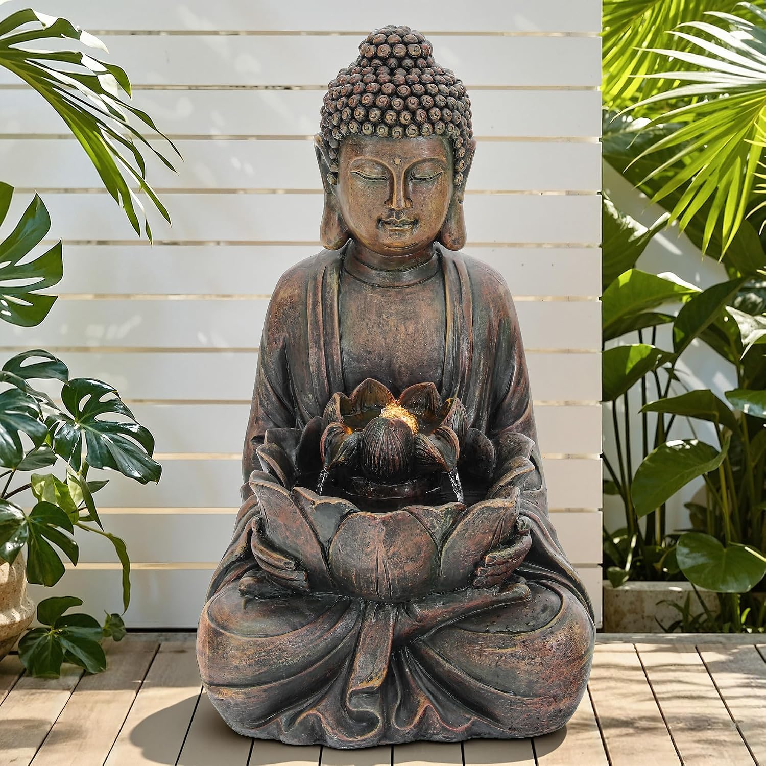 29' Outdoor Fountain, Zen Meditating Buddha Water Feature with LED Lights, Resin Lotus Soothing Cascading Waterfall for Patio, Backyard, Garden or Porch