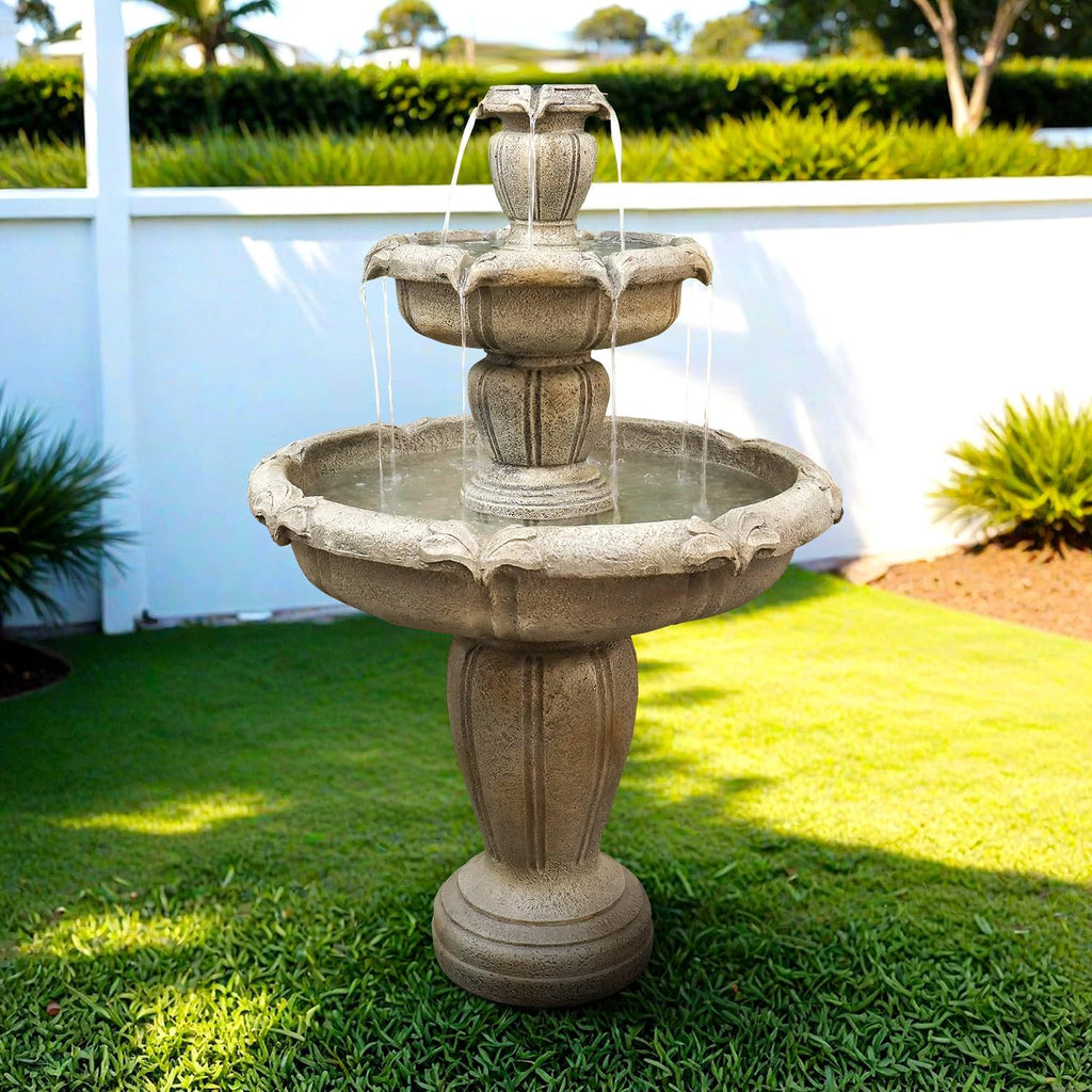 SunJet 48' High Modern Concrete Outdoor Water Fountain - 3 Tiered Large Floor Water Fountain and Waterfalls with Electric Pump for Garden, Patio, Yard, and Deck Decor, Featuring Natural Stone Look