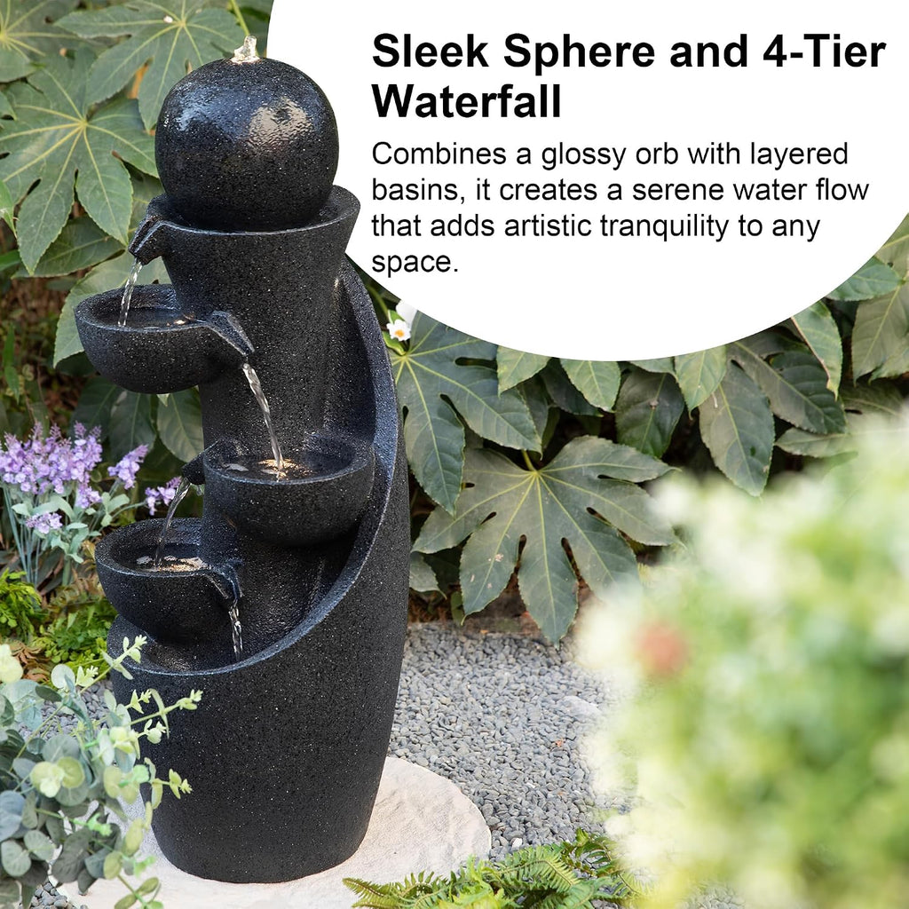Glitzhome Outdoor Water Fountain with LED Light & Pump, Modern 5-Tier Bowl and Sphere Polyresin Outdoor Fountain, 33.5' Cascading Waterfall Fountain Water Feature for Porch Deck Patio Backyard Decor