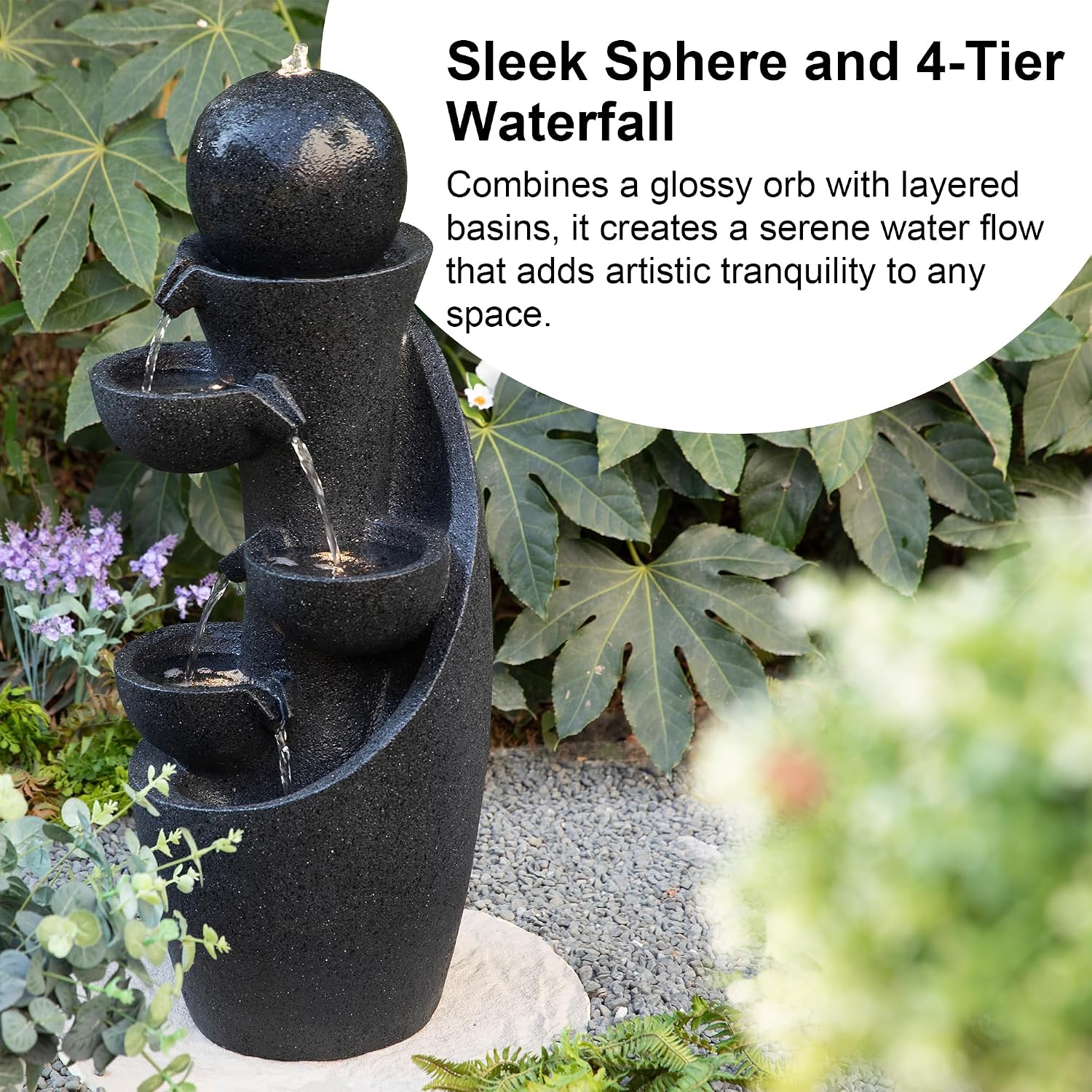 Glitzhome Outdoor Water Fountain with LED Light & Pump, Modern 5-Tier Bowl and Sphere Polyresin Outdoor Fountain, 33.5' Cascading Waterfall Fountain Water Feature for Porch Deck Patio Backyard Decor