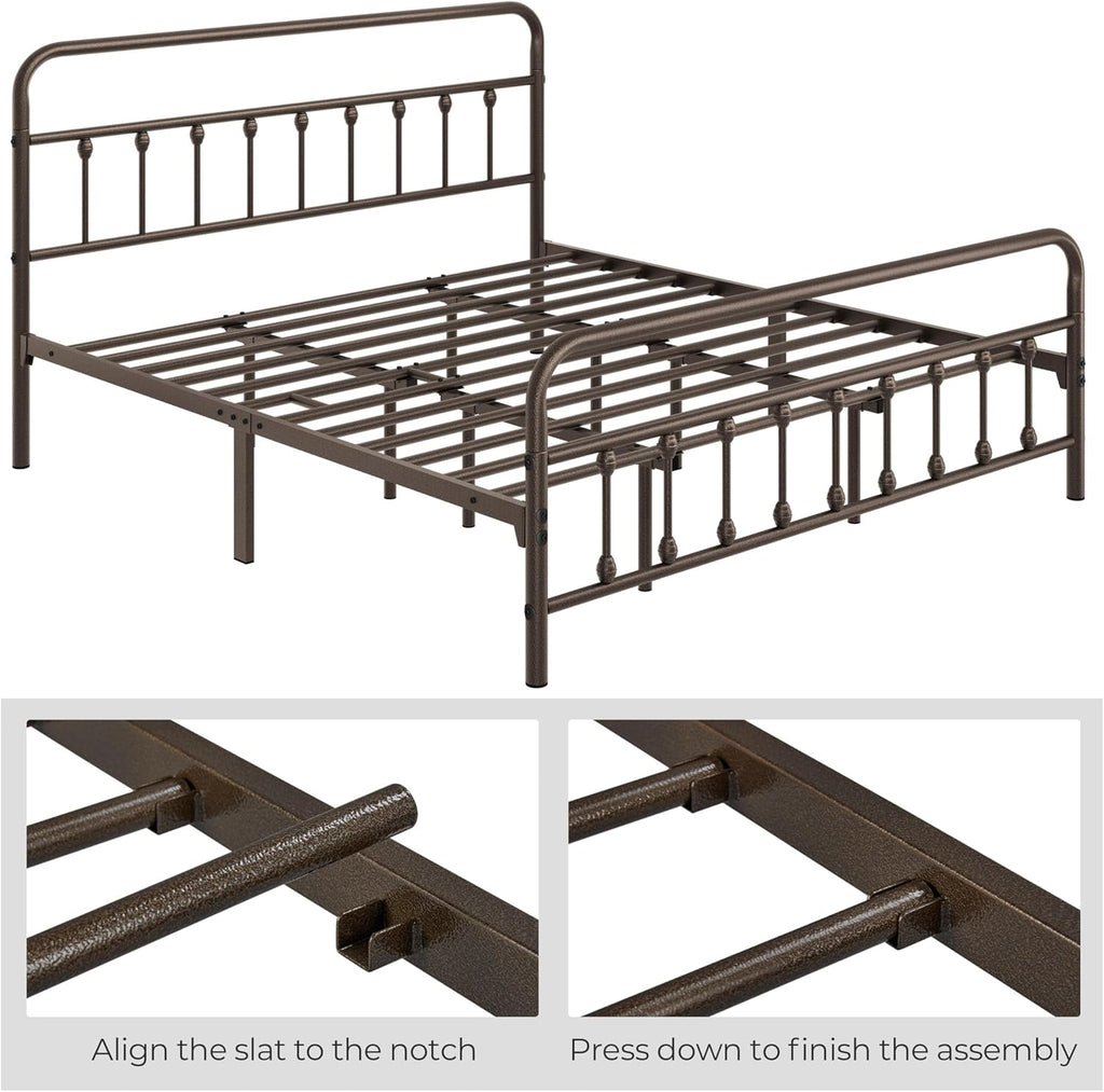 Topeakmart King Size Victorian Style Metal Bed Frame with Headboard/Mattress Foundation/No Box Spring Needed/Under Bed Storage/Strong Slat Support Bronze