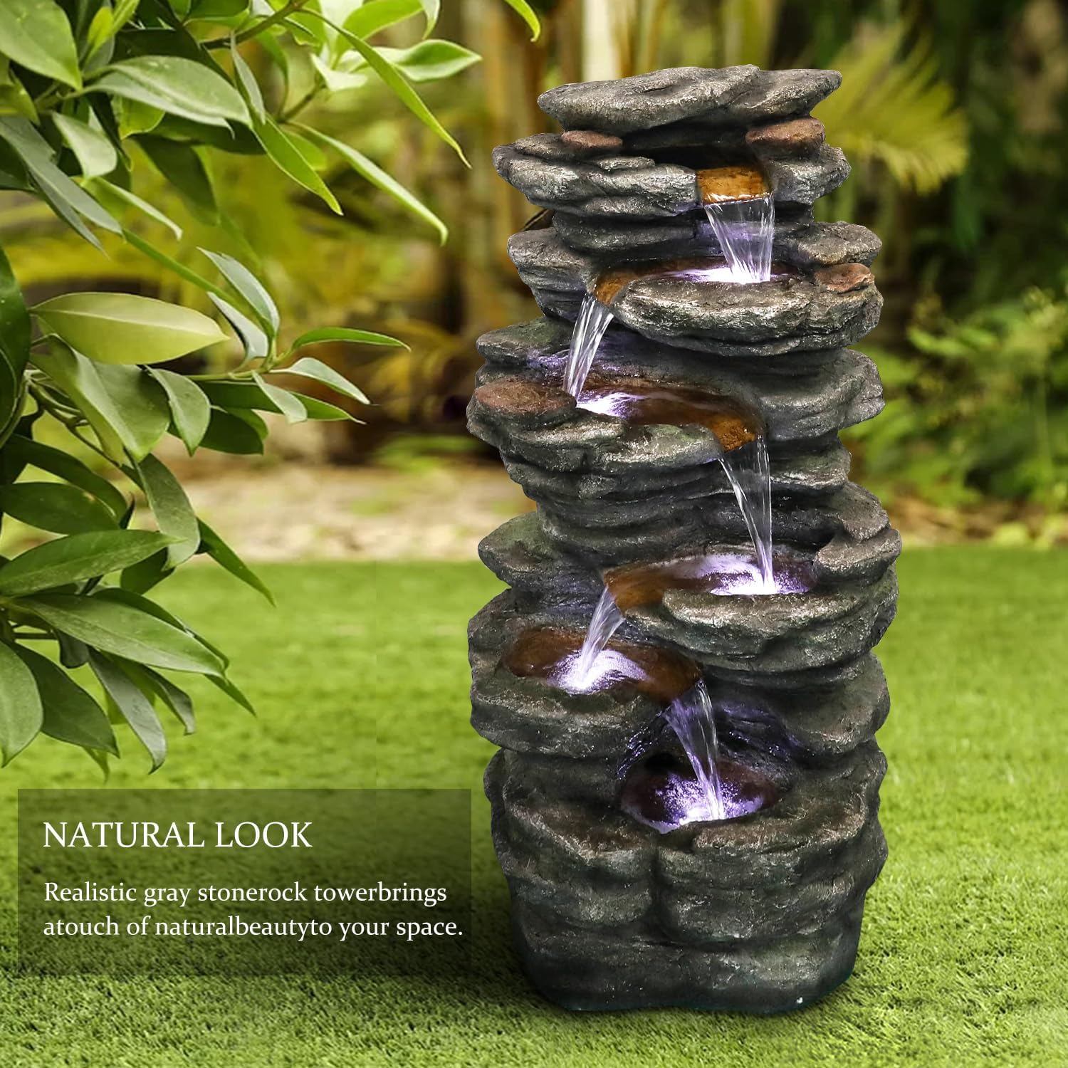 SunJet 40' High 6-Tiers Cascading Rock Outdoor Water Fountain with LED Lights - Large Outdoor Fountains and Waterfalls for Garden or Patio, Yard, and Deck Decor, Featuring Natural Stone Look