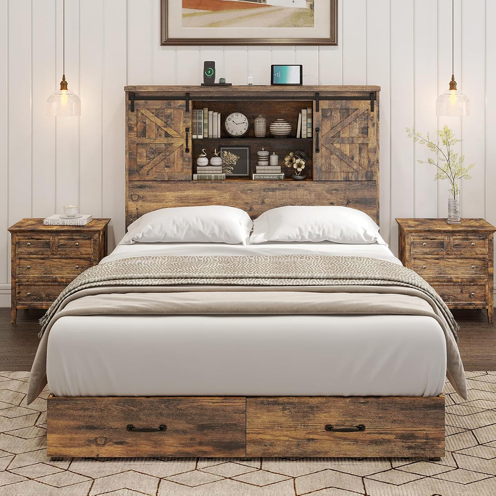 HOWE Farmhouse Queen Size Bed Frame with 51.2' Bookcase Headboard, Wooden Platform Bed with 2 Drawers, Sliding Barn Door Dec, Storage Bed with Charging Station, No Box Spring Needed, Rustic Brown