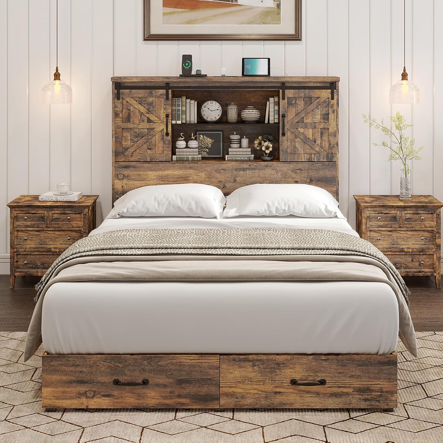 HOWE Farmhouse Queen Size Bed Frame with 51.2' Bookcase Headboard, Wooden Platform Bed with 2 Drawers, Sliding Barn Door Dec, Storage Bed with Charging Station, No Box Spring Needed, Rustic Brown