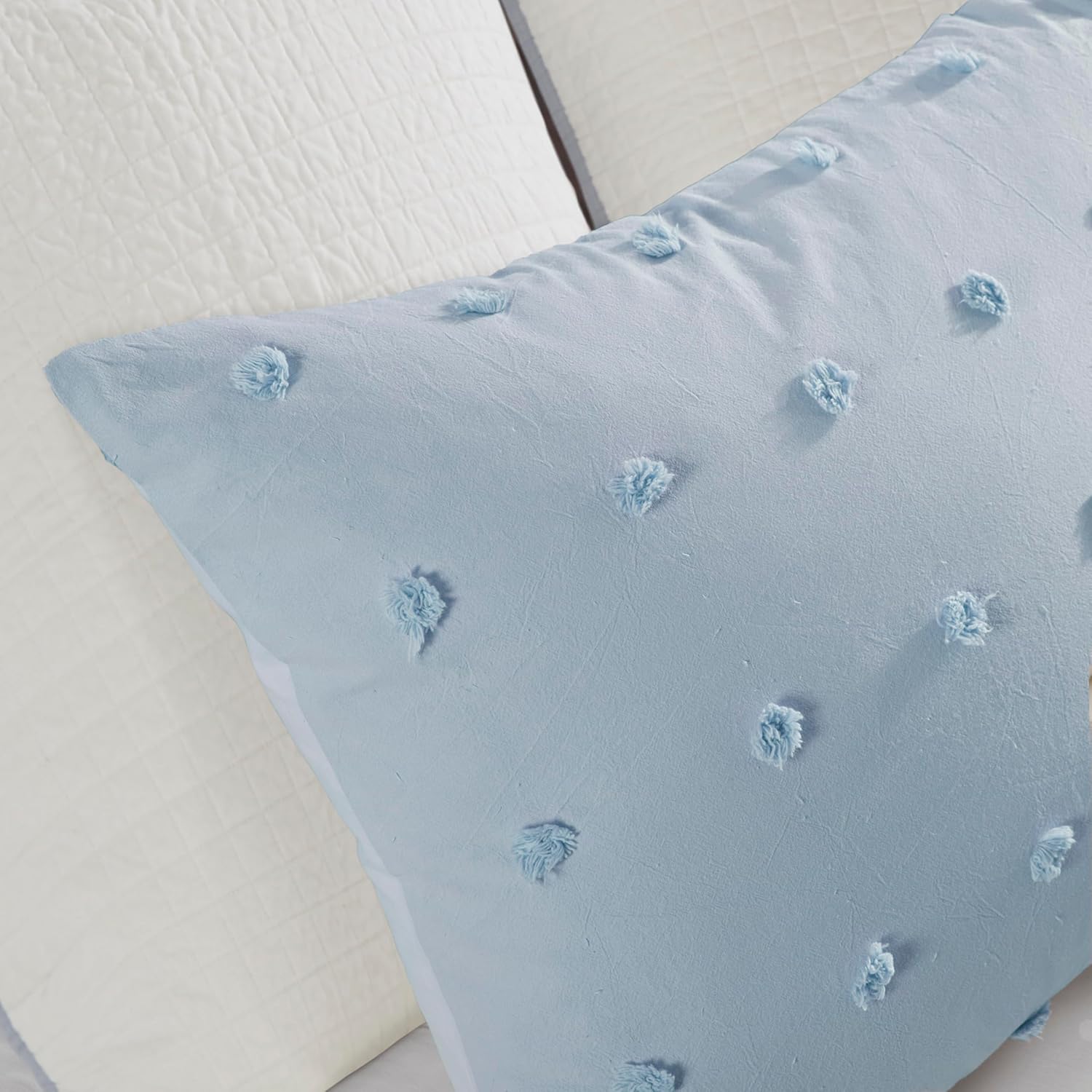 Intelligent Design Cotton Comforter Set - Jacquard Tufts Pompom Design All Season Bedding, Matching Shams, Decorative Pillows, Full/Queen (88 in x 92 in), Blue 7 Piece