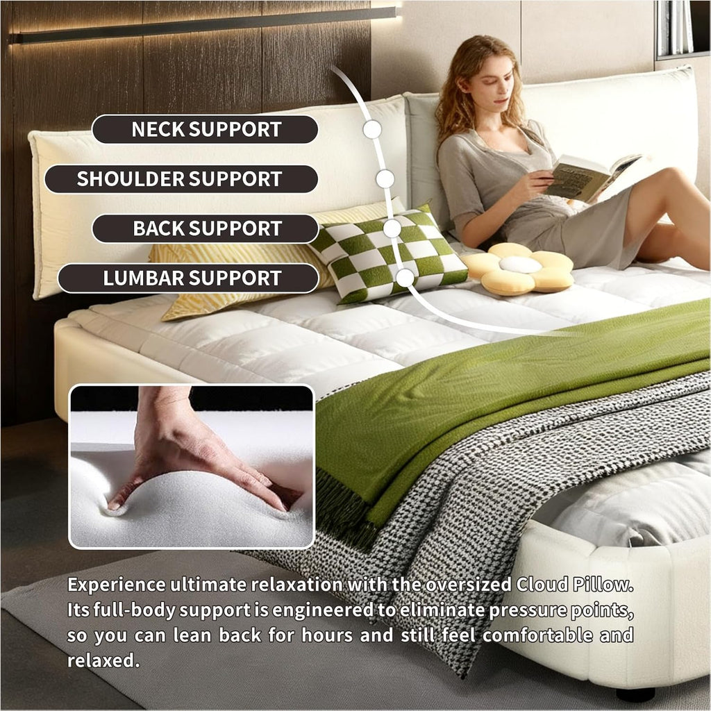 King Size Upholstered Platform Bed, Chenille Cloud Bed Frame with Oversized Padded Movable Headboard, Round Corner, Metal + Solid Wooden Slat Double Support, No Box Spring Needed (Beige+White-65)