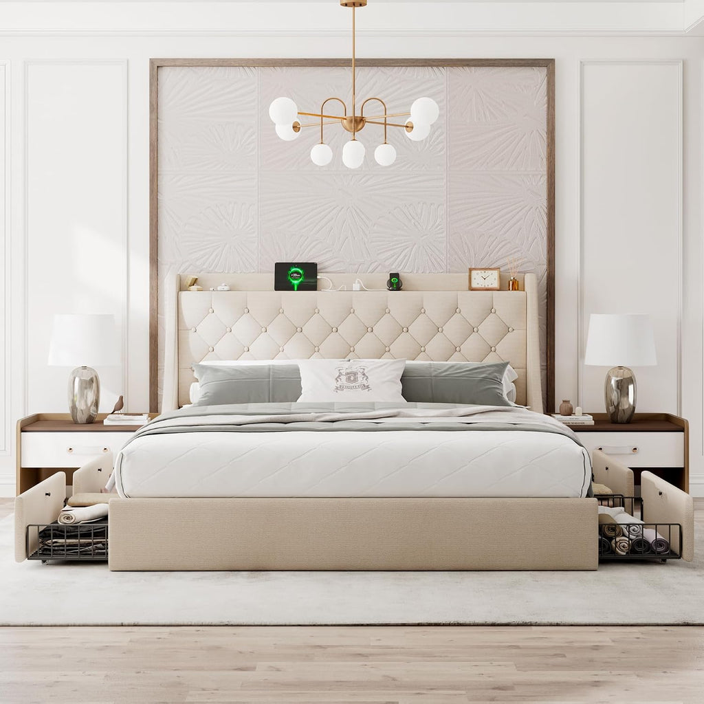 Einhomn Upholstered King Size Bed Frame with 4 Storage Drawers, Modern Platform Bed with Wingback Headboard, Charging Station, No Box Spring Needed, Beige
