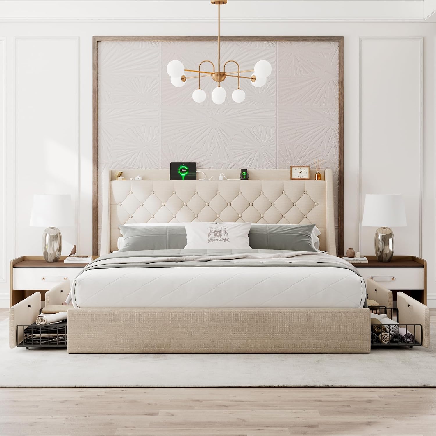 Einhomn Upholstered King Size Bed Frame with 4 Storage Drawers, Modern Platform Bed with Wingback Headboard, Charging Station, No Box Spring Needed, Beige