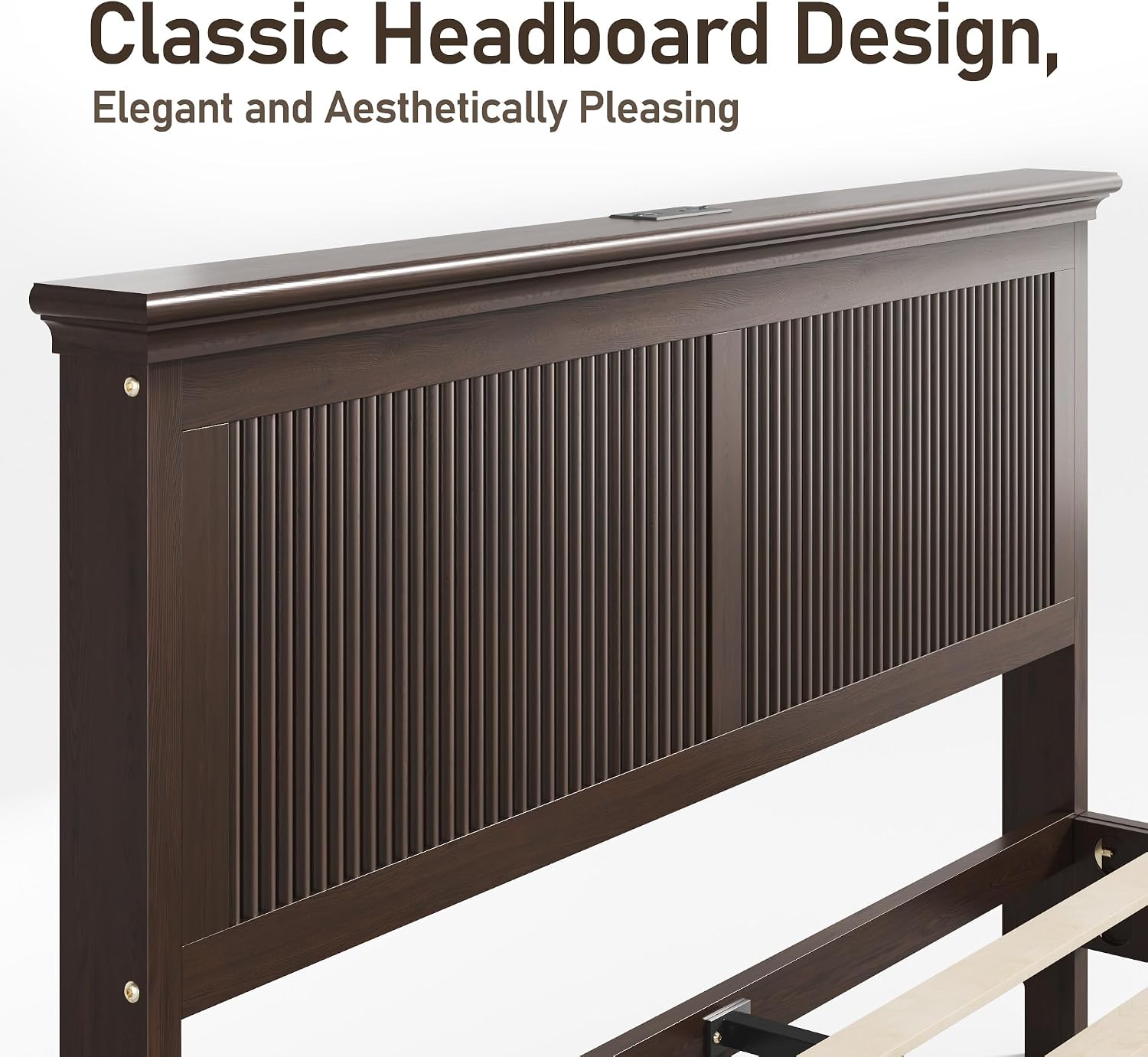 Lifezone Wood Queen Bed, Solid Wood Bed With Tall Headboard, American Vintage Design, Queen Bed With Charging Station & RGB LED, Wood Slats Support, Noise-Free, Sturdy Structure, Easy Assembly, Walnut