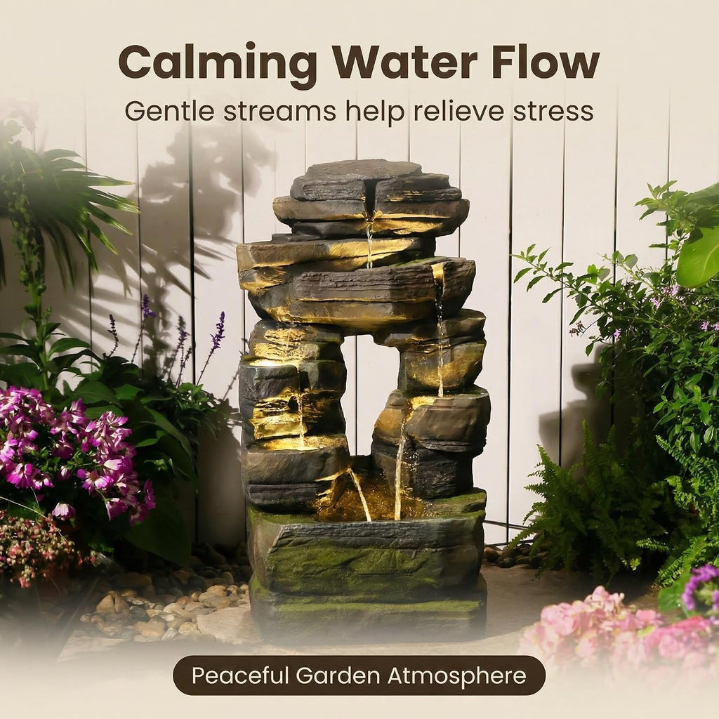 26.4' Outdoor Water Fountain with LED Lights, Stacked Rock Waterfall Fountain, Resin Garden Water Feature for Arch Design, Freestanding Patio, Yard