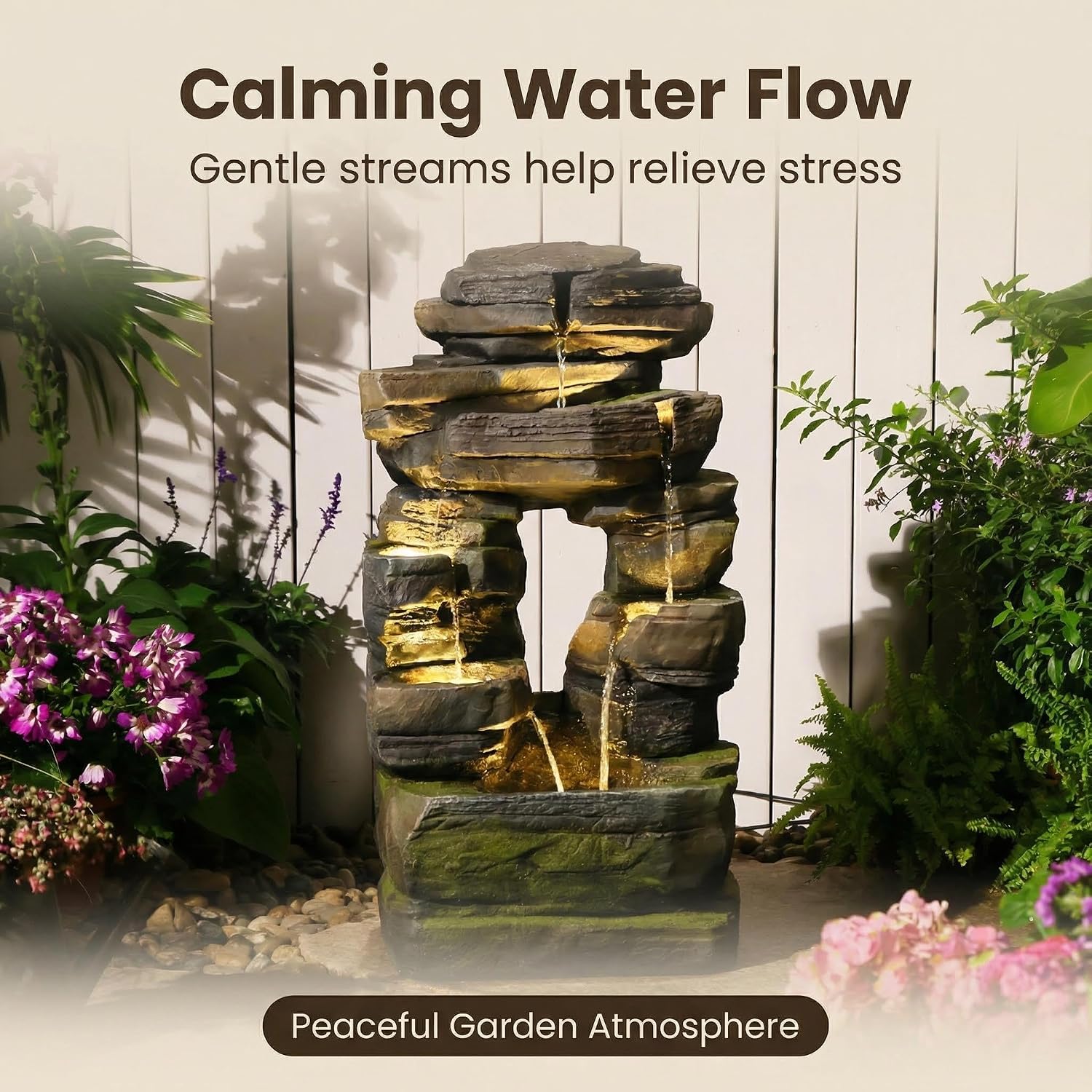 26.4' Outdoor Water Fountain with LED Lights, Stacked Rock Waterfall Fountain, Resin Garden Water Feature for Arch Design, Freestanding Patio, Yard