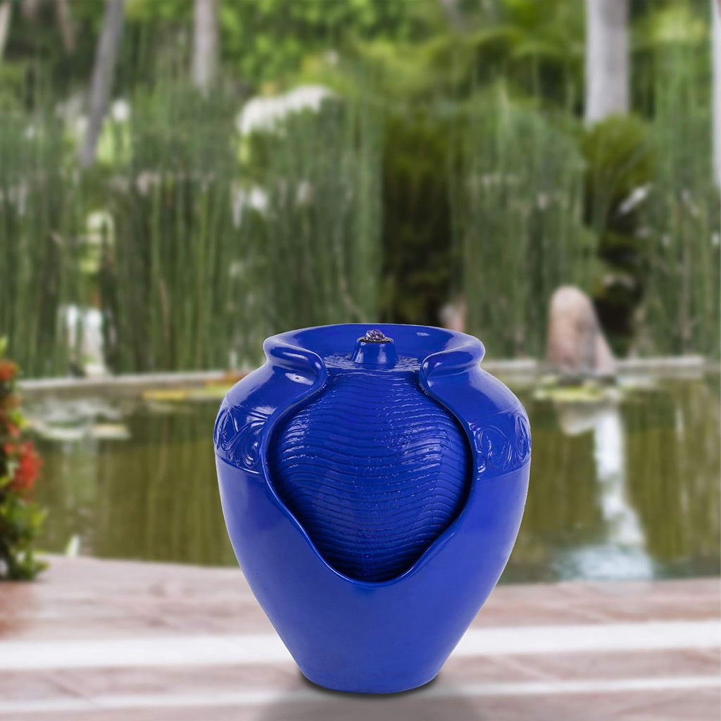 Jar Water Fountain – Indoor or Outdoor Ceramic-Look Glazed Pot Resin Water Feature with Electric Pump and LED Lights by Pure Garden (Cobalt Blue)