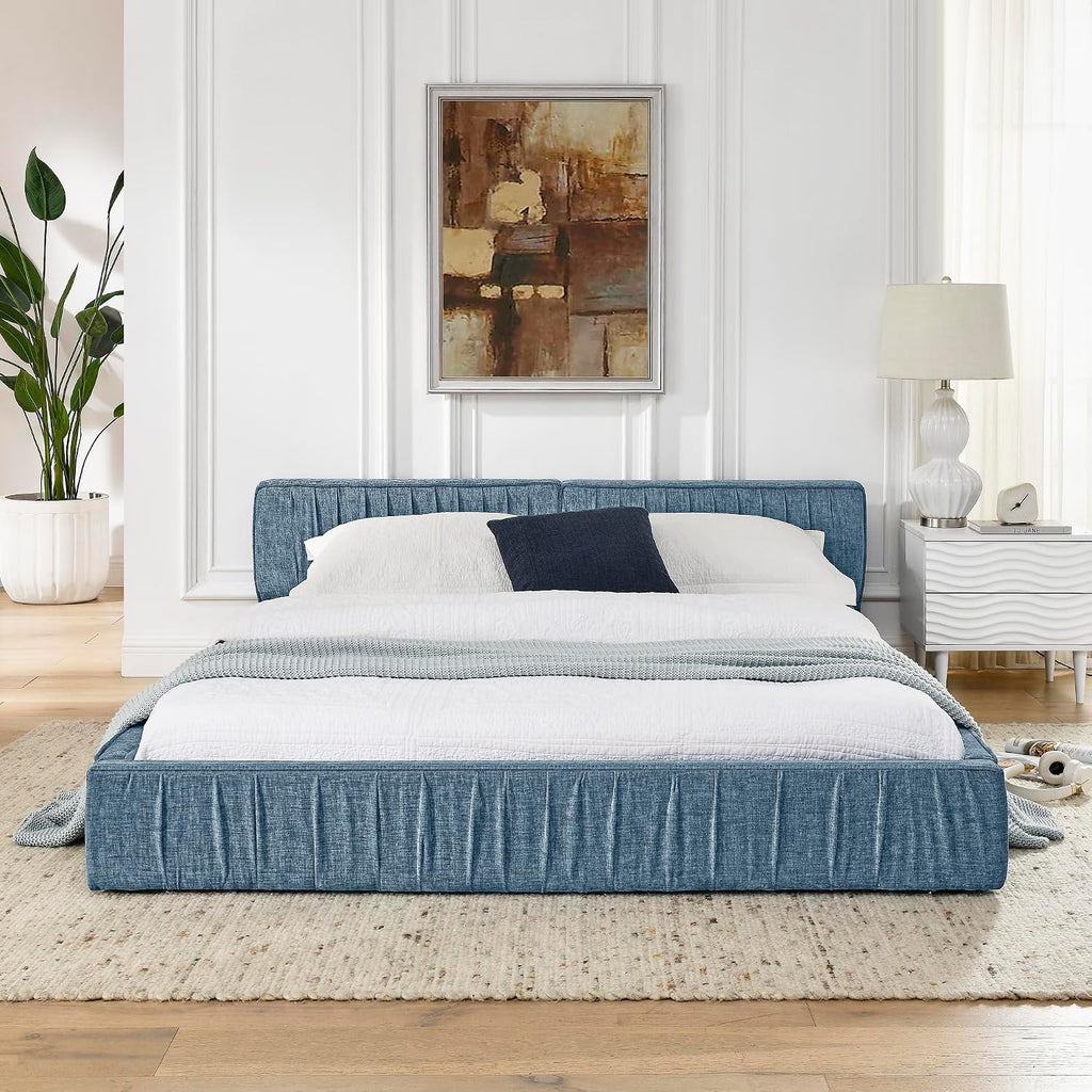 Ball & Cast Queen Size Low Bed Frame,Chenille Upholstered Platform Bed with Pleated Design Headboard,Grounded Floor Bed with Wood Slat Support,No Box Spring Needed,Dark Blue