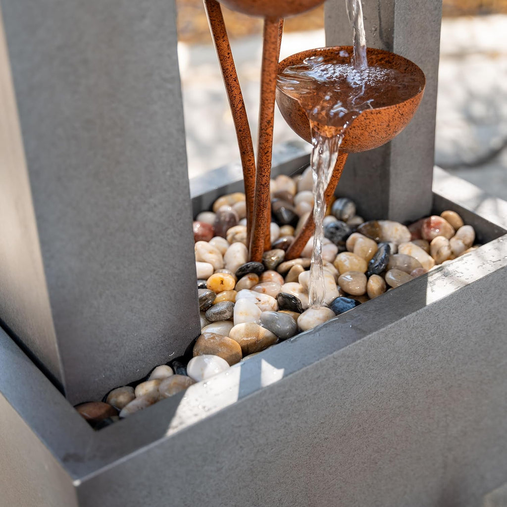 XBrand 38' Tall Gray and Bronze Metal Sculptural Flower Multi-Tier Freestanding Water Fountain for Indoor & Outdoor Use, Decorative Garden Patio Backyard Water Feature