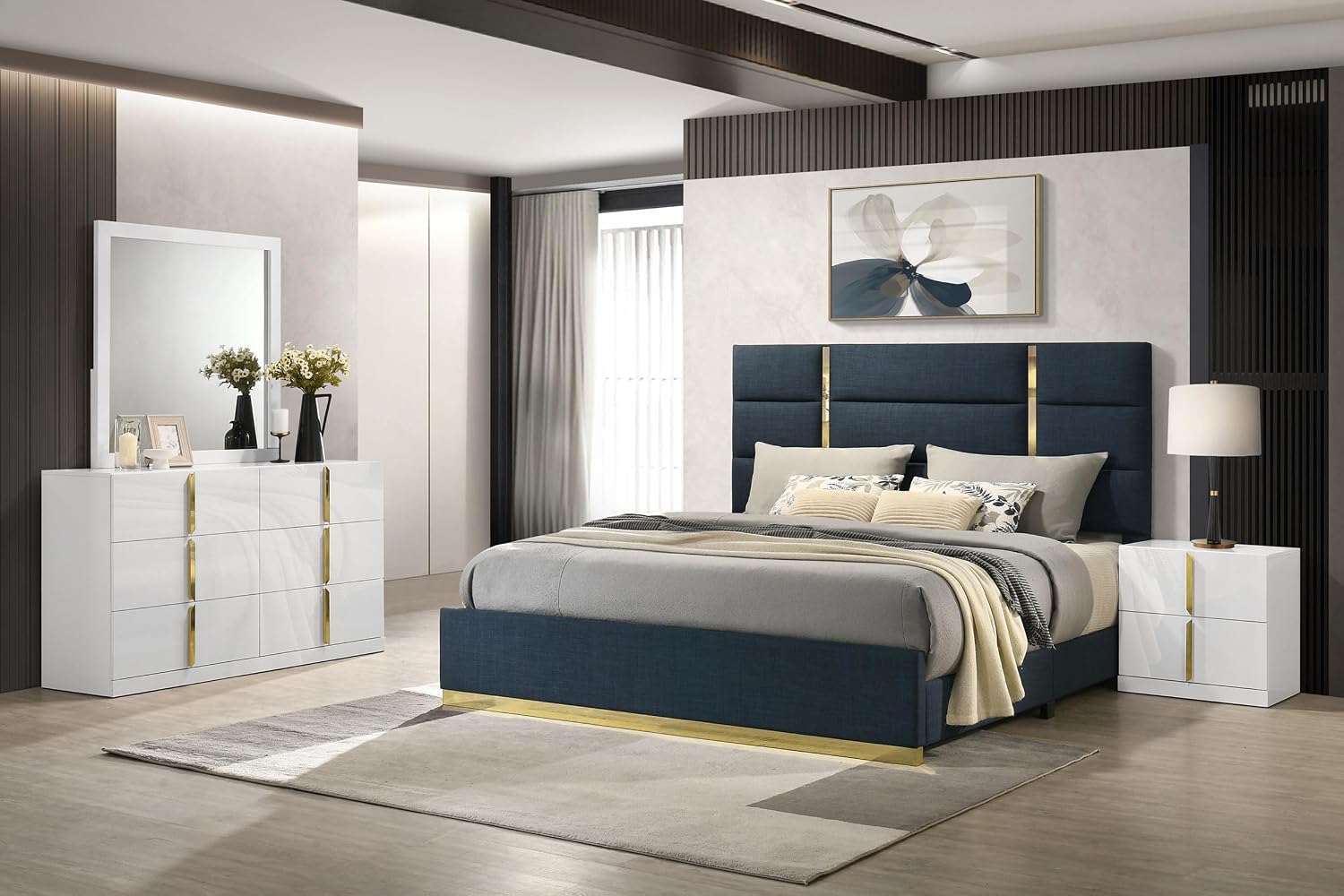Coaster Home Furnishings - INES - Wood - 4-Piece Bedroom Set with Upholstered Bed and Flat Drawer Fronts - Bedroom - Queen Size - White High Gloss and Navy - 223091NVYQ-S4