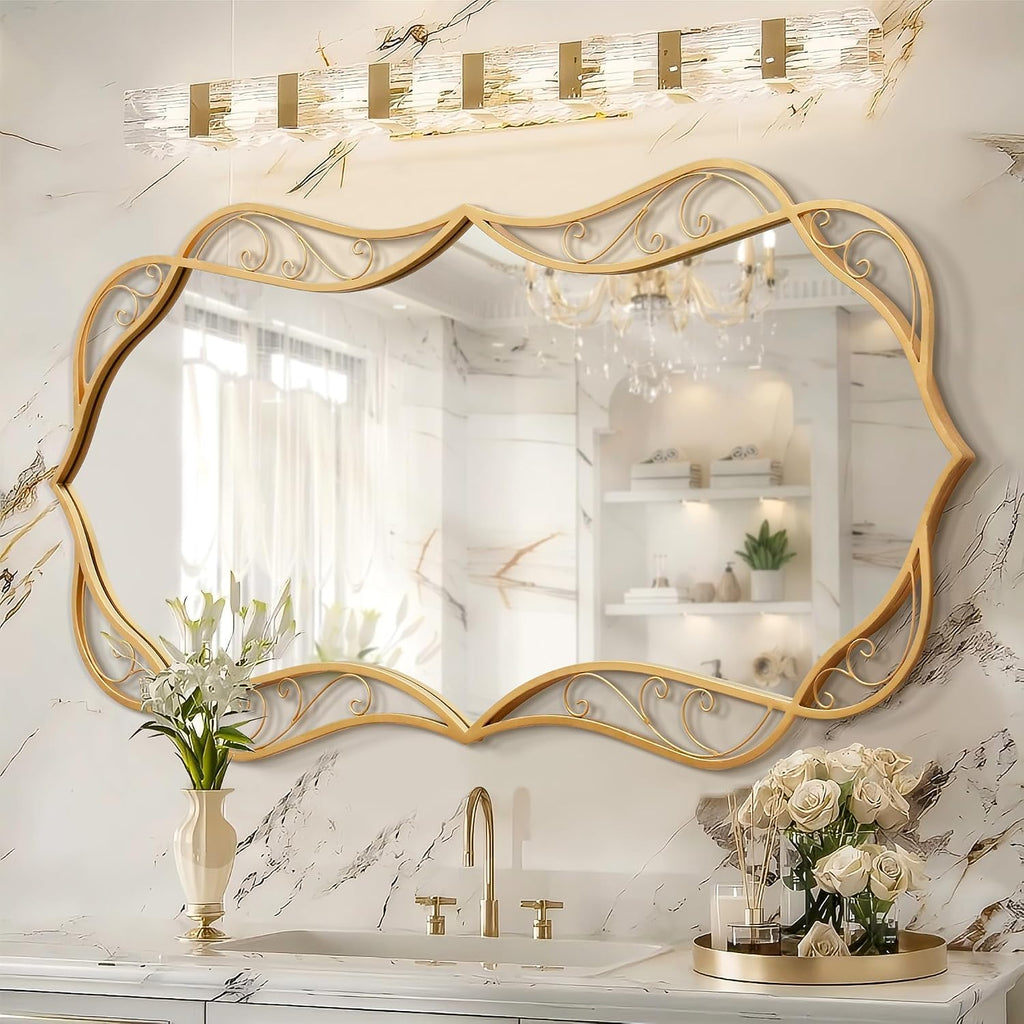 Besdomus Gold Bathroom Large Mirror: 24'x48' Scalloped Modern Large Vanity Mirror for Wall - Farmhouse Decorative Vertical or Horizontal Hanging - Wall Decor for Bathroom/Entryway/Bedroom/Living Room