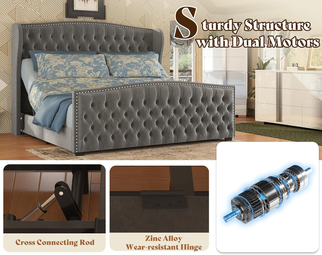AMERLIFE 51' H Queen Size Adjustable Bed Frame with Velvet Upholstered and Deep Button Tufted Headboard, Electric Bed with Dual Motor/Nailhead Trim Wingback, No Box Spring Needed, Grey