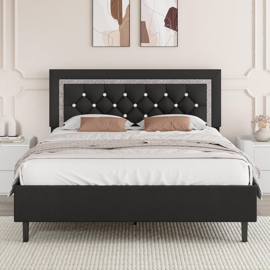 BarnFurin Full Size Bed Frame with Tufted Button Headboard, Upholstered Platform Bed Frame with Diamond Design, Wood Slat Support, No Box Spring Needed, Easy Assembly, Black