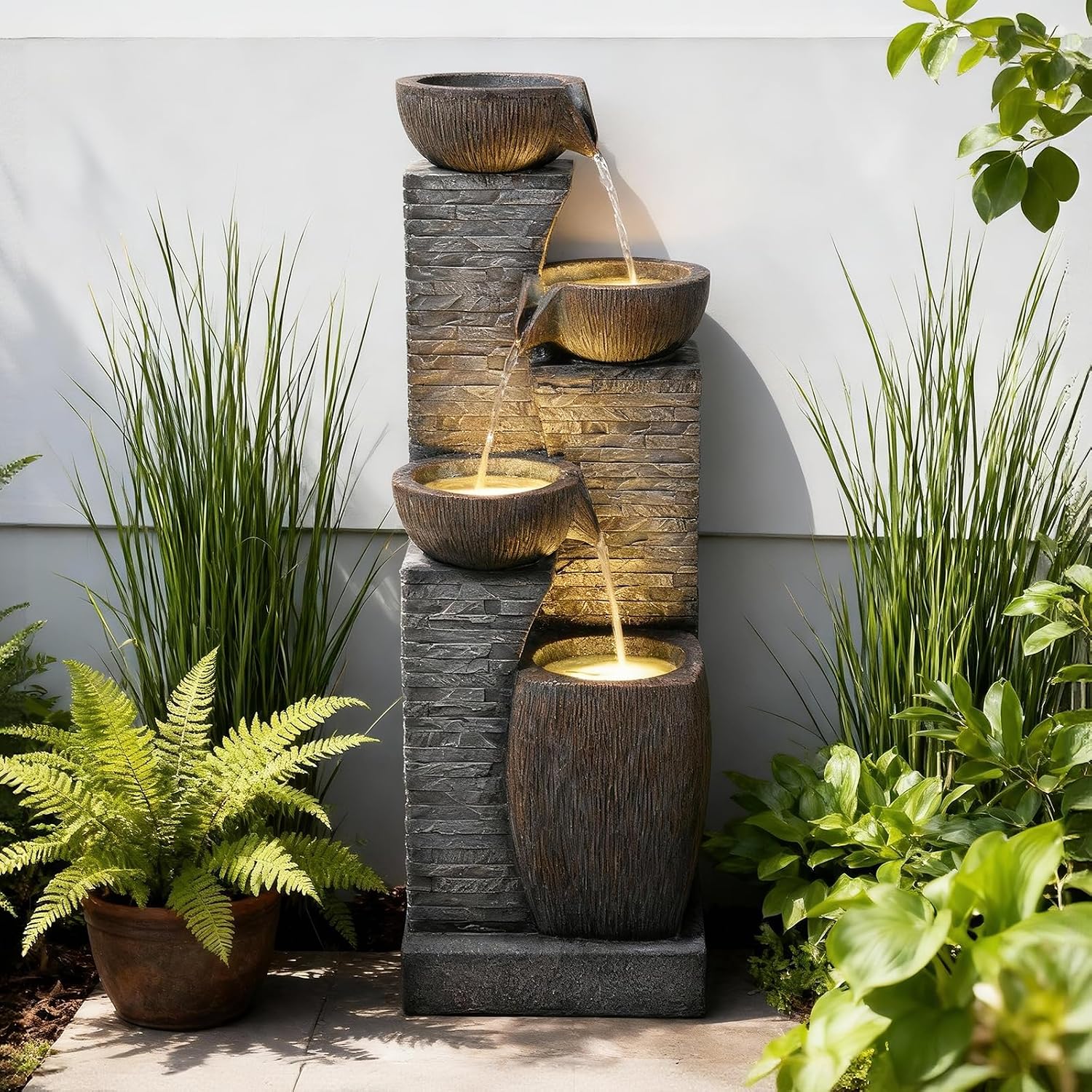 38.2' Tall Outdoor Water Fountain,Stone Texture Modern 4 Tiers Cascading Bowls Garden Fountains Outdoor,Suit for Patio, Deck, Porch, Lawns, Backyard and Home Art Decor