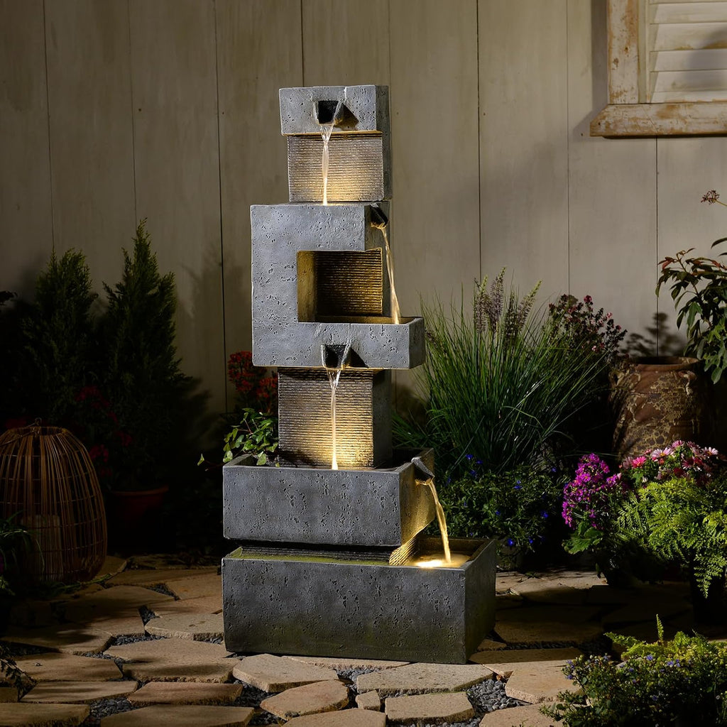 Sunlinua 48.4' H Outdoor Water Fountain with 4 Tiers Cascading Realistic Rock Waterfall Fountains with LED Lights Outdoor Water Fountain for Garden Patio Backyard Porch Home Decor
