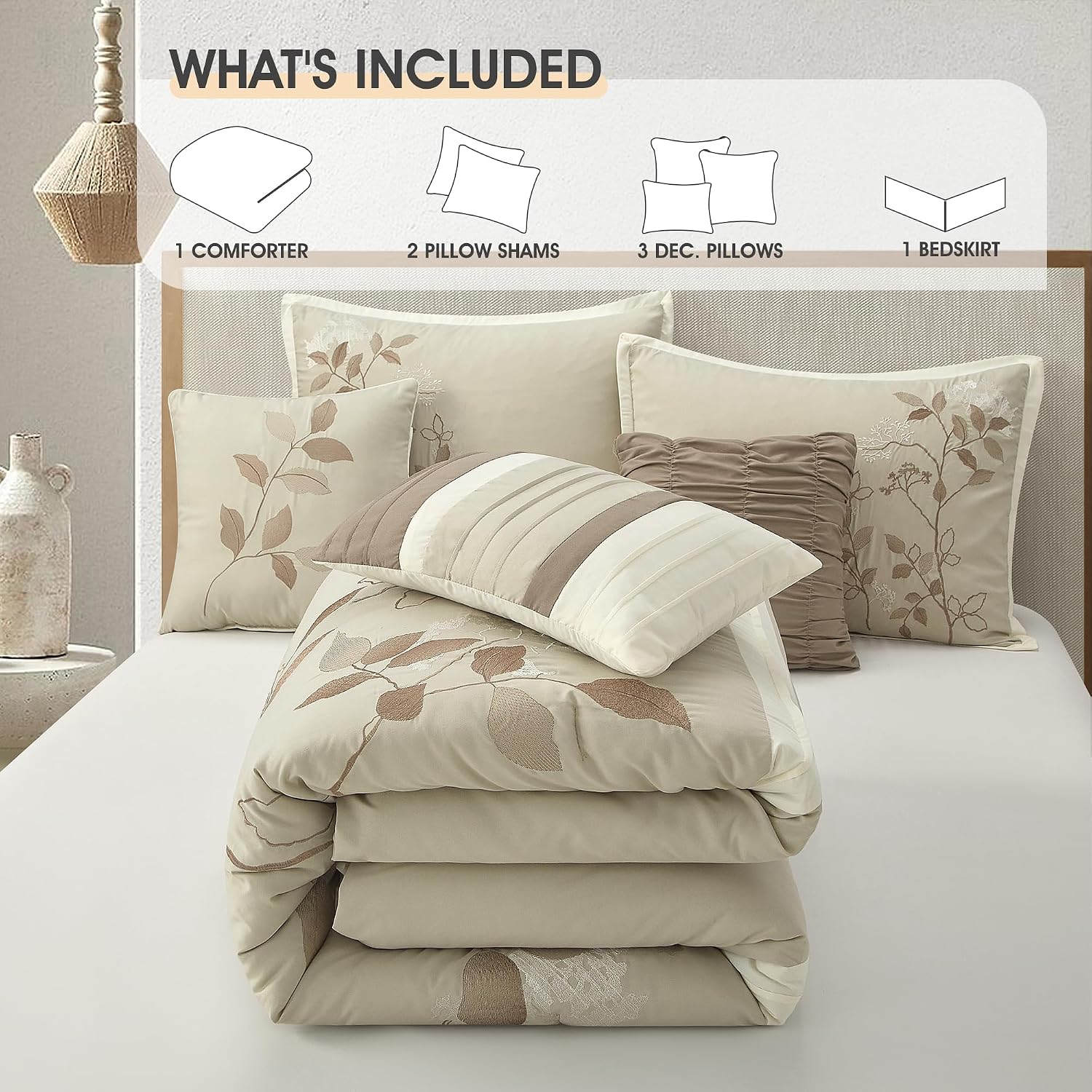 LANCO MODERN LIFESTYLE Beige King Comforter Set, 7 Pieces Bed in a Bag, Elegant Floral Leaves Embroidery, Soft and Lightweight All Seasons Bedding Set, Bedskirt, Pillow Shams, Decor Pillows