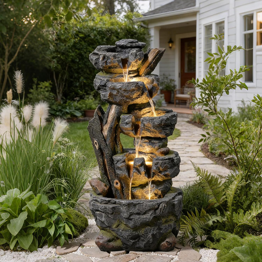 47.2' Tall Outdoor Water Fountain 5-Tier Large Cascading Waterfall Fountain Realistic Rock & Tree Trunk Design with LED Lights, Relaxing Water Flow for Garden, Patio, Backyard & Porch Decor