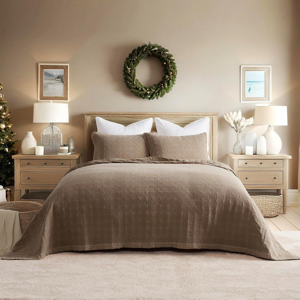 EVERGRACEHOME Stonewashed Cotton Quilt Set Full Queen Size, Ultra Soft Oversized Bedspread Coverlet Set, Lightweight Crinkle Box Stitch Bedding Sets for All Season, with 2 Shams, Mocha Brown