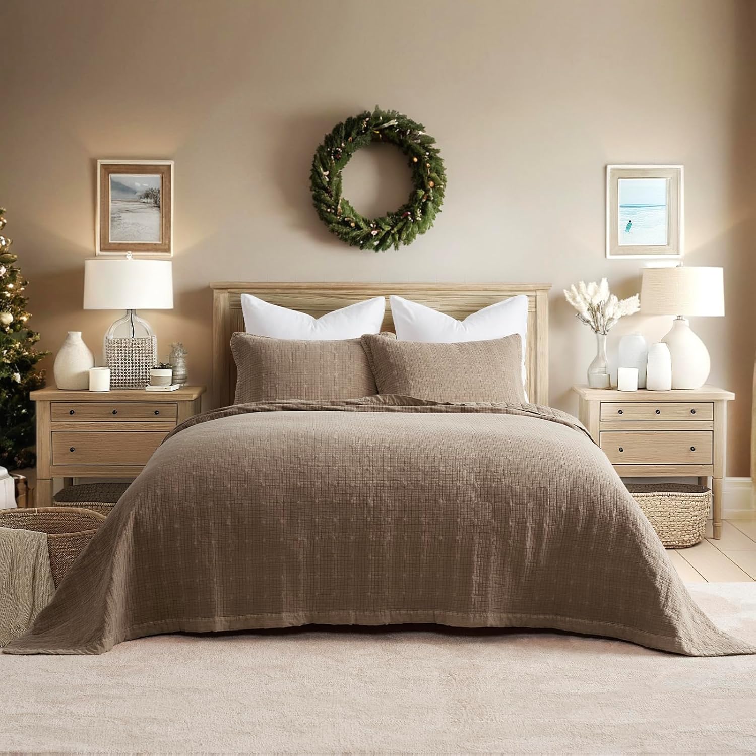 EVERGRACEHOME Stonewashed Cotton Quilt Set Full Queen Size, Ultra Soft Oversized Bedspread Coverlet Set, Lightweight Crinkle Box Stitch Bedding Sets for All Season, with 2 Shams, Mocha Brown