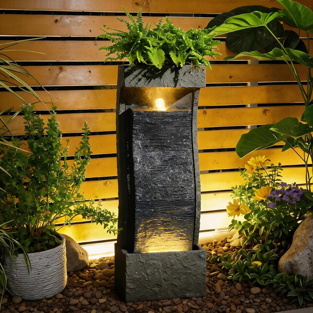 Sunlinua 35H Modern Outdoor Water Fountain with Warm Light Garden Cascading Waterfall Feature for Indoor or Outdoor Cascading Waterfall for Relaxing Garden Patio Backyard Deck Porch or Home Décor