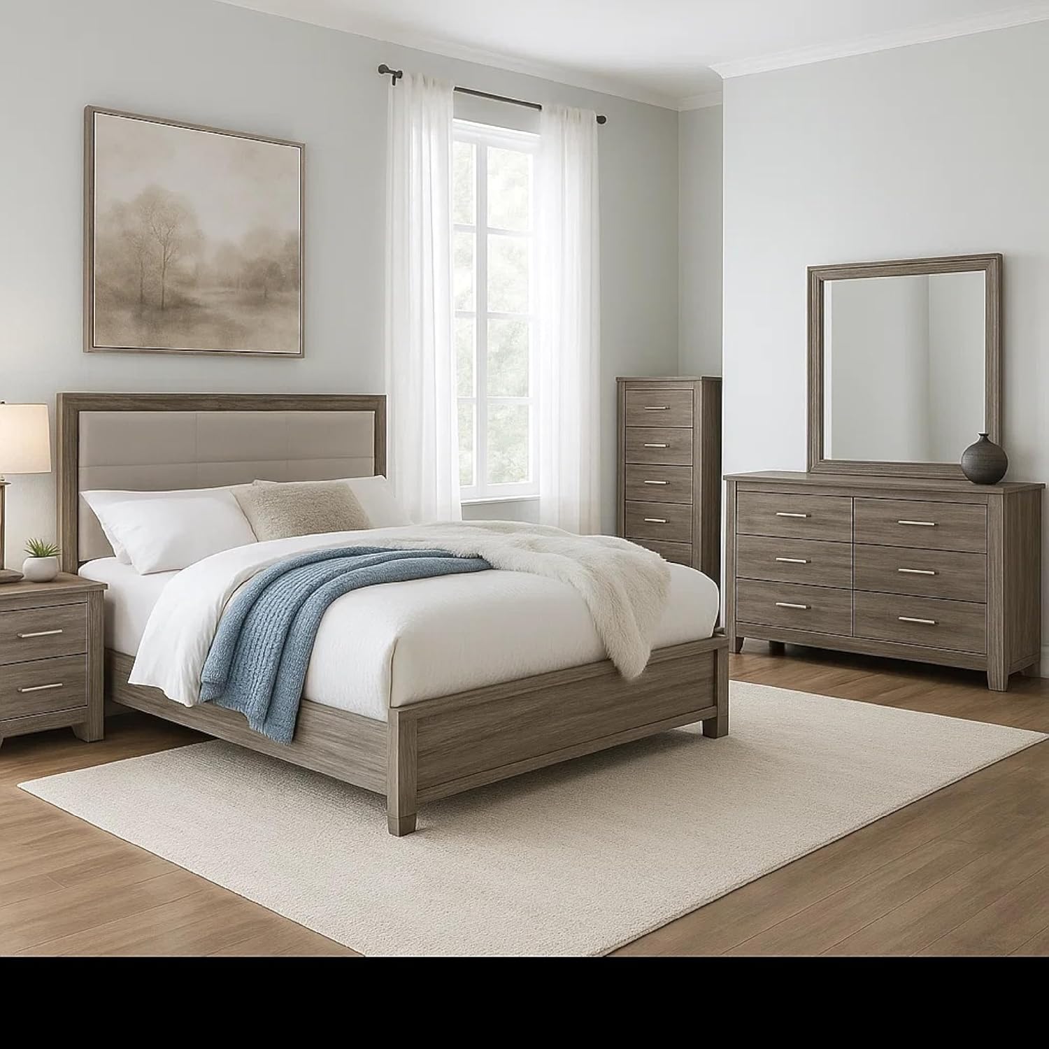 Benzara Reay 5 Piece Queen Bedroom Set with Dressers, Upholstered, Gray Brown