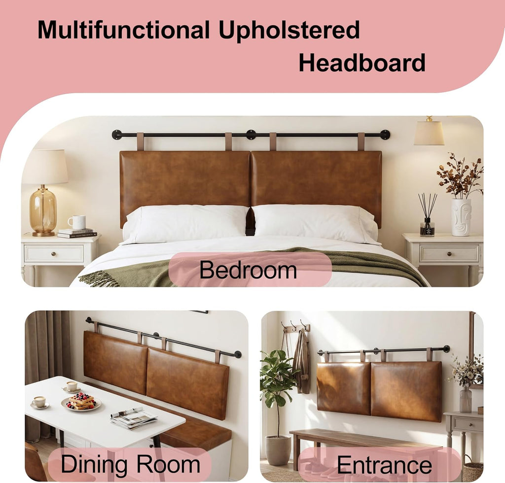 Queen Size Headboard, Wall Mounted Hanging Upholstered Bed Headboard with Modern Design Faux Leather Padded Headboards Ideal for Bedroom (Brown Leather, Queen