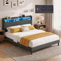 COLAMY Queen Bed Frame with Charging Station & LED Lights, Upholstered Headboard with 2-Tier Storage, Heavy Duty Metal Platform Bed with Wood Slats, No Box Spring, Noise-Free, Easy Assembly, Grey