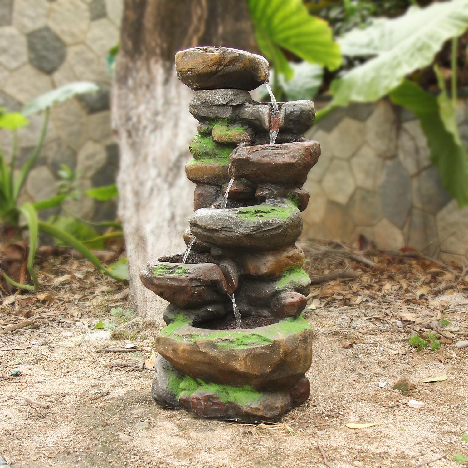 YZM 37.4' H 6-Tiers Cascading Rock Outdoor Water Fountain with LED Lights Outdoor Fountains and Waterfalls for Garden Patio Yard Deck Decor with Natural Stone Look