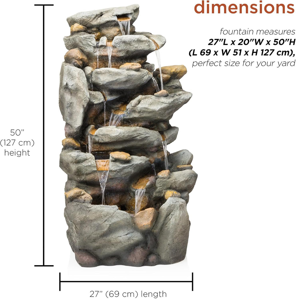 Alpine Corporation TZL130 Outdoor Floor 8-Tiered Rock Waterfall Fountain with LED Lights and Natural Stone Look, 50', Gray