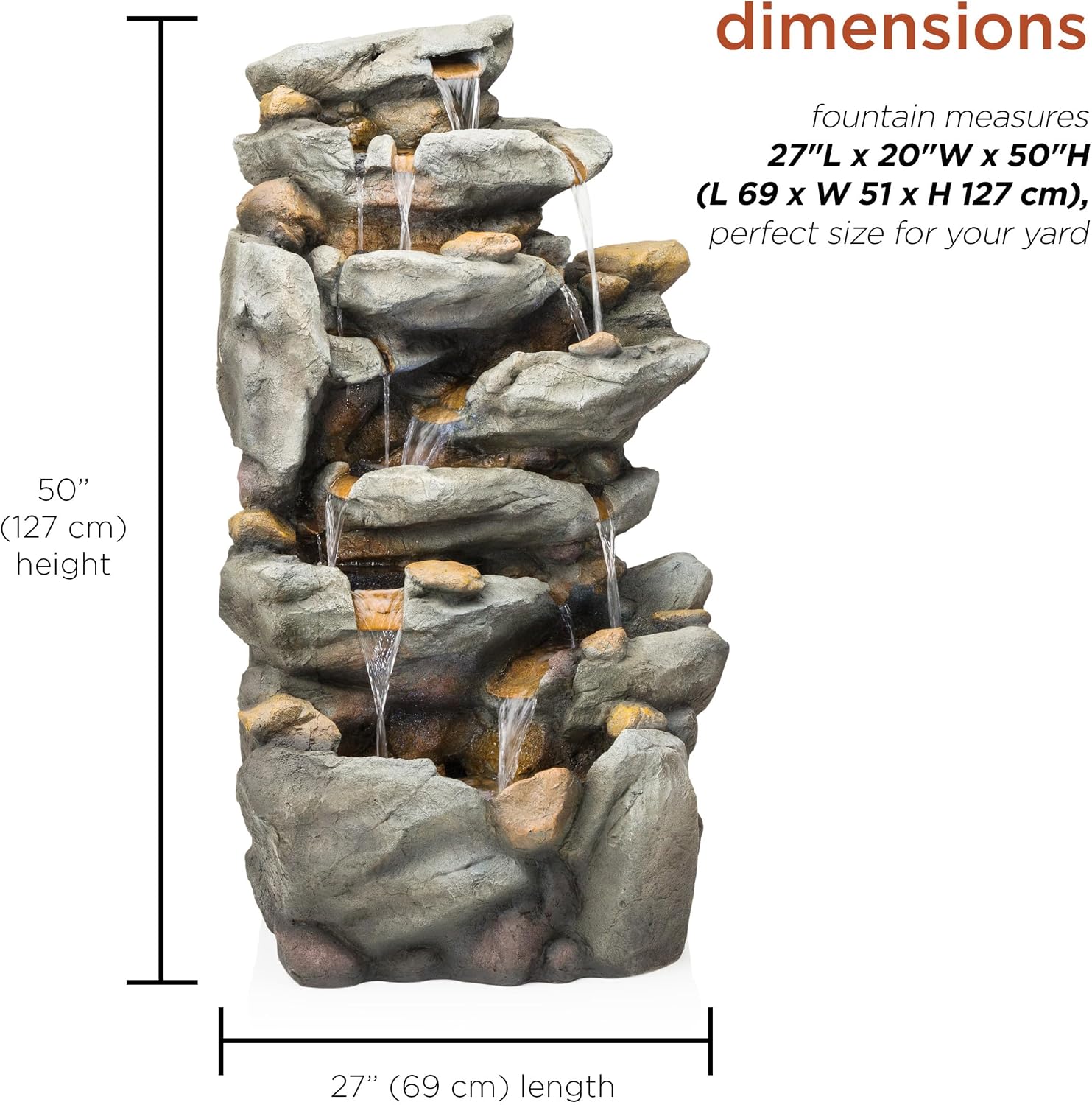 Alpine Corporation TZL130 Outdoor Floor 8-Tiered Rock Waterfall Fountain with LED Lights and Natural Stone Look, 50', Gray