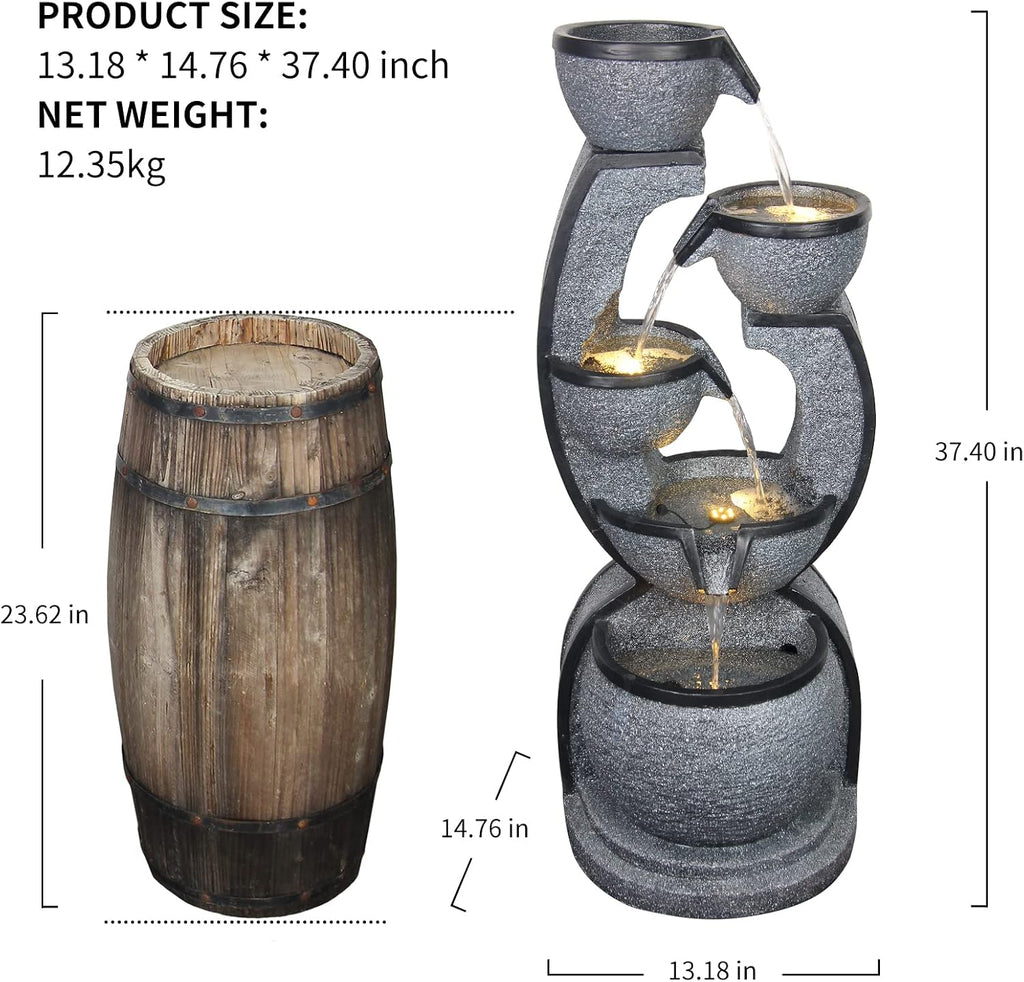 Water Fountain Outdoor 37.4''H Modern Garden Fountains Decor with LED Lighting Resin Indoor Waterfall for Garden, Floor Patio, Deck, Porch, Backyard and Home Art Decor