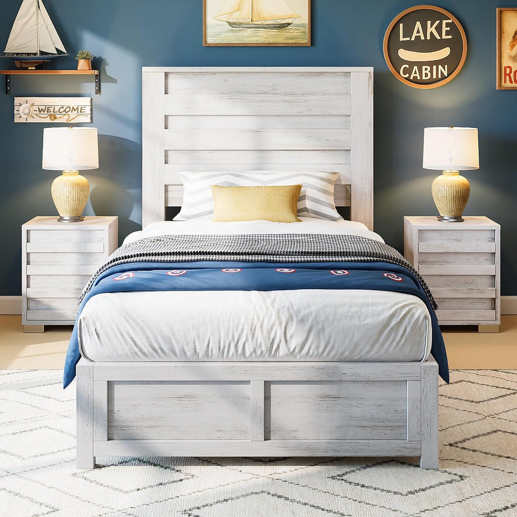 AMERLIFE Farmhouse Twin Bed Frame with 49' Fluted Headboard, Platform Bed with Natural Wood Grain Finish, Noise Free, No Box Spring Needed, Distressed White
