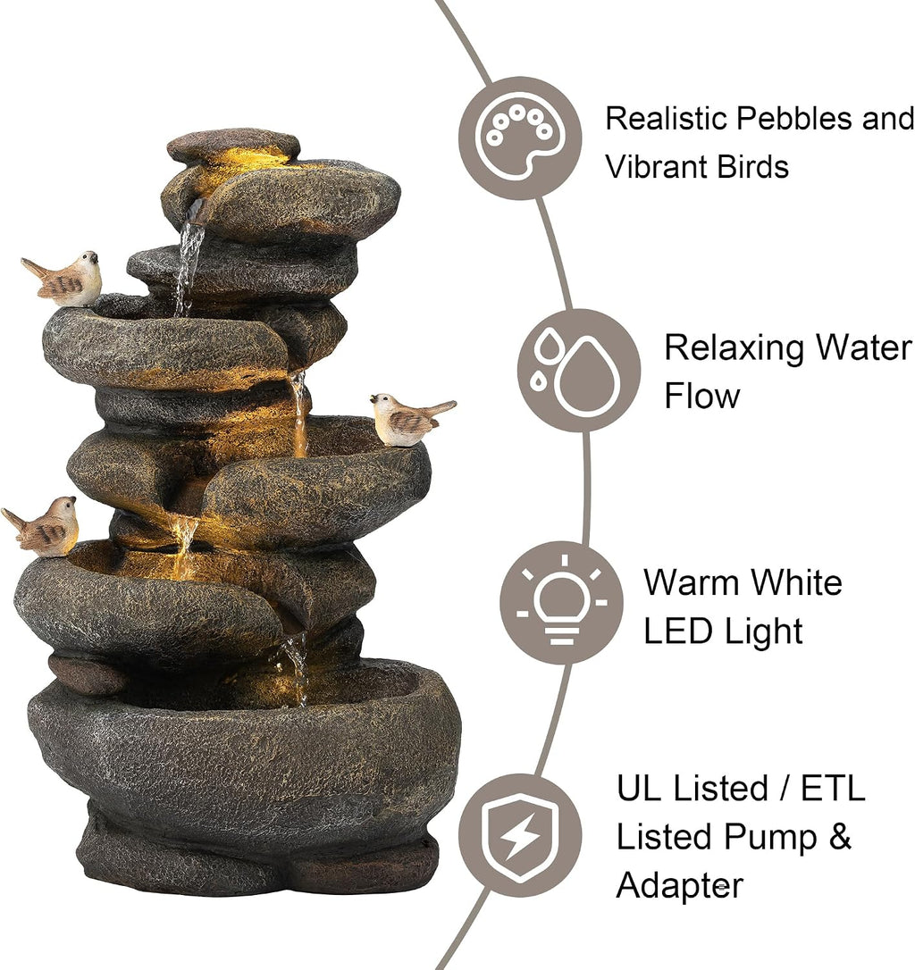 Glitzhome 5-Tier Cascading Rock Outdoor Water Fountain with LED Light & Pump, Natural Stacked Stone Look Water Fountain with Lively Birds for Garden, Patio, Porch, 23'H