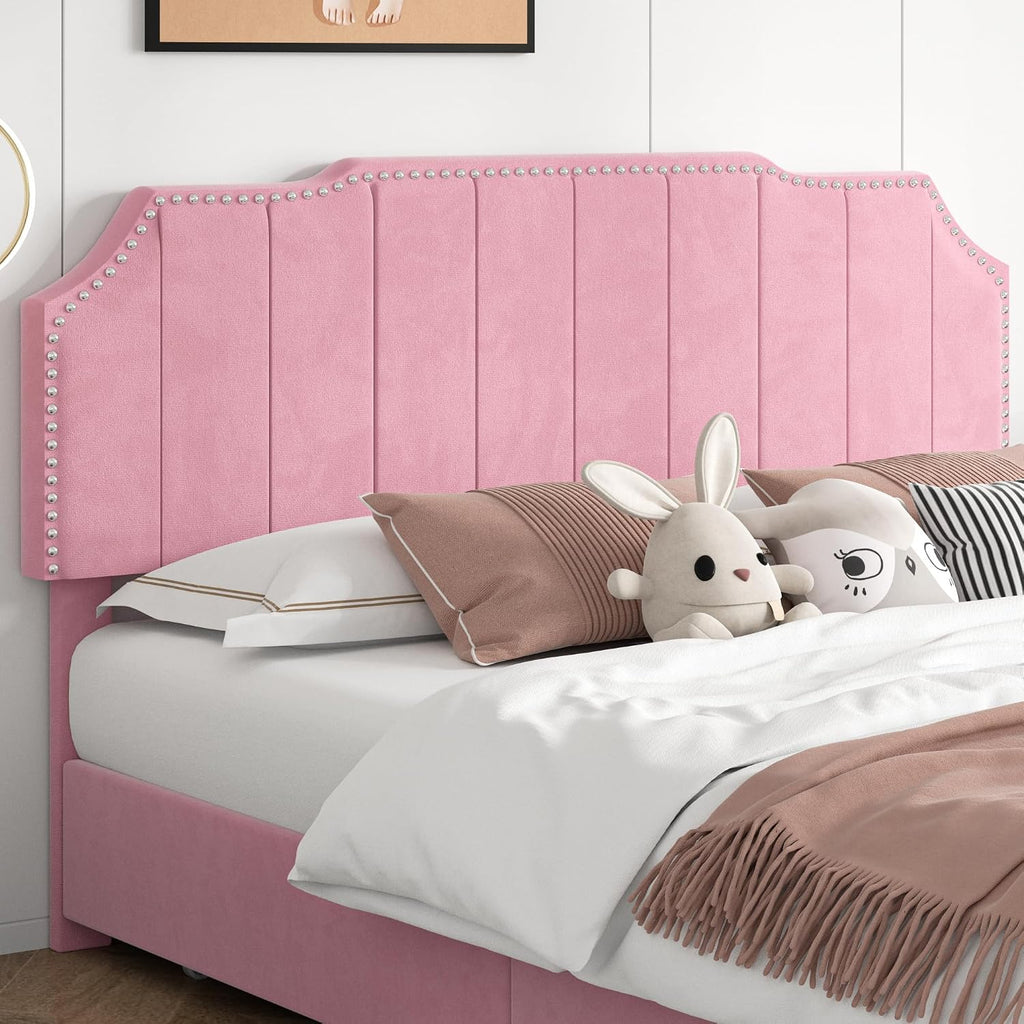 VECELO Full Upholstered Platform Bed Frame with 4 Storage Drawers,Velvet Vintage Full Bed with Nailhead Trim,Tufted Height Adjustable Headboard,Wooden Slats/No Box Spring Needed/Easy Assembly